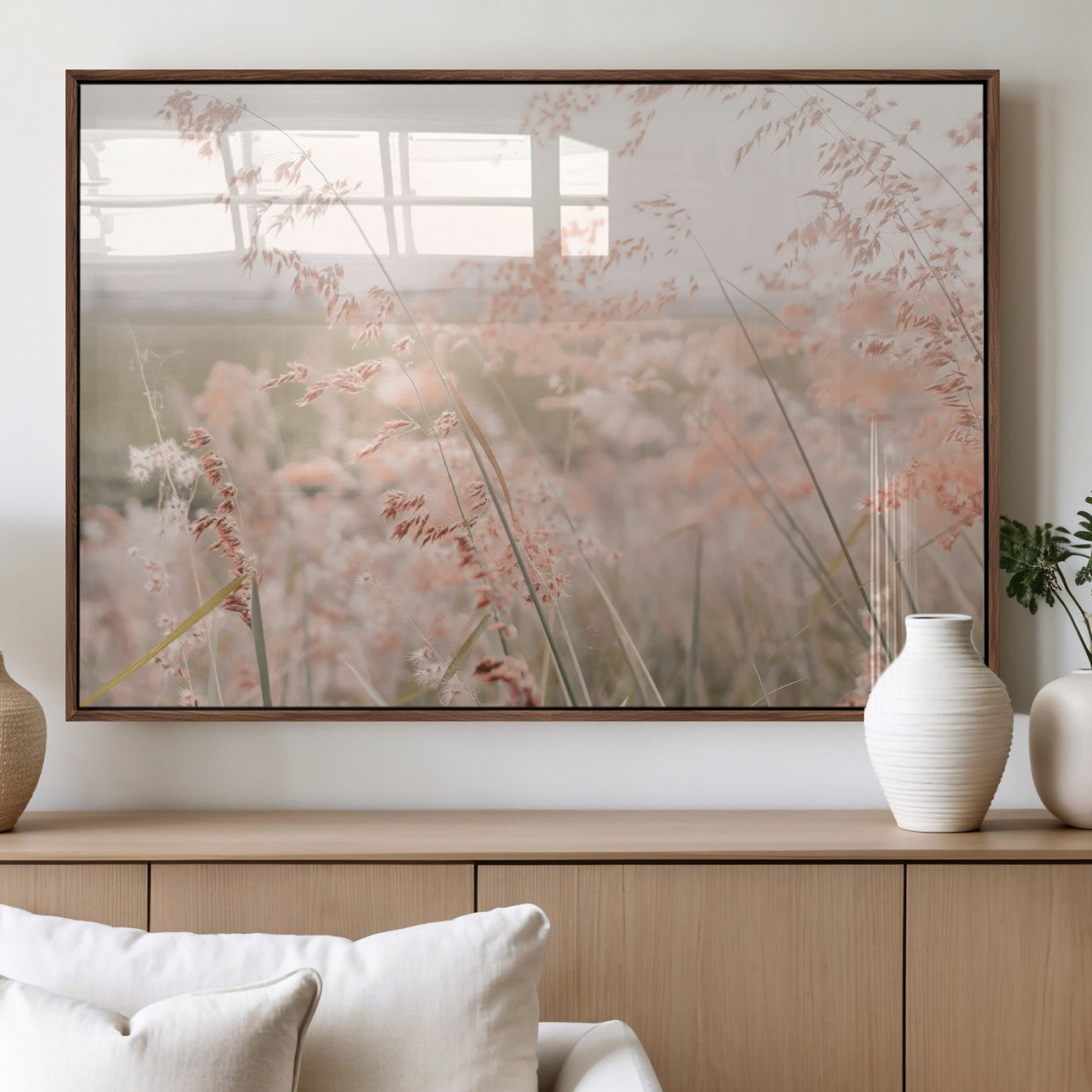 79164340-MGV-FP-36X24-3P_Walnut-Pastel Grasses Wall Art Canvas Print, Framed Soft Meadow Art Picture Print, Field in Breeze Perfect Pastel Minimal Decor Artwork