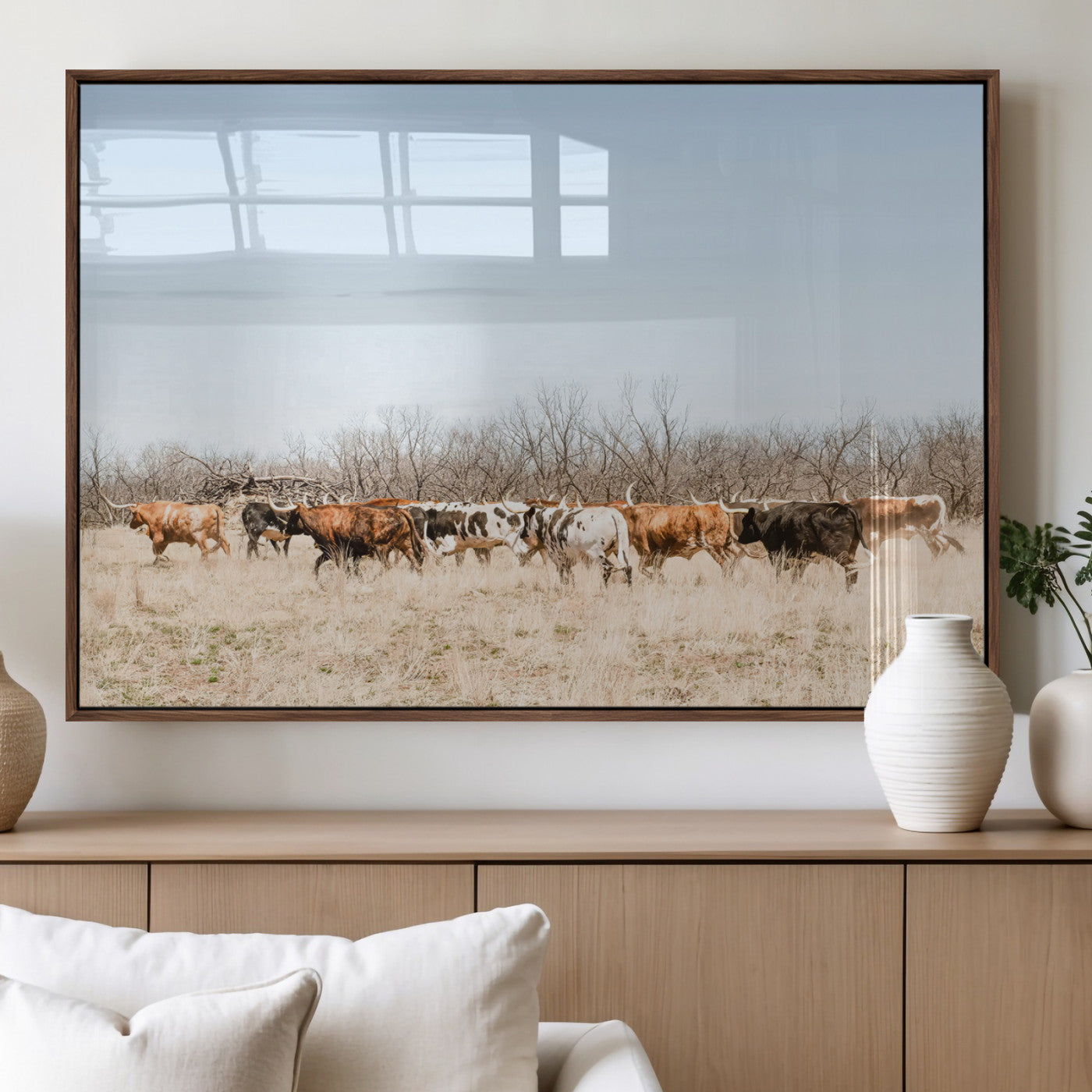 16563092-MGV-FP-60X30-3P_Walnut-Texas Longhorns Wall Art Canvas Print, Framed Western Cattles Art Picture Print, Rustic Herd Perfect Rustic Farmhouse Decor