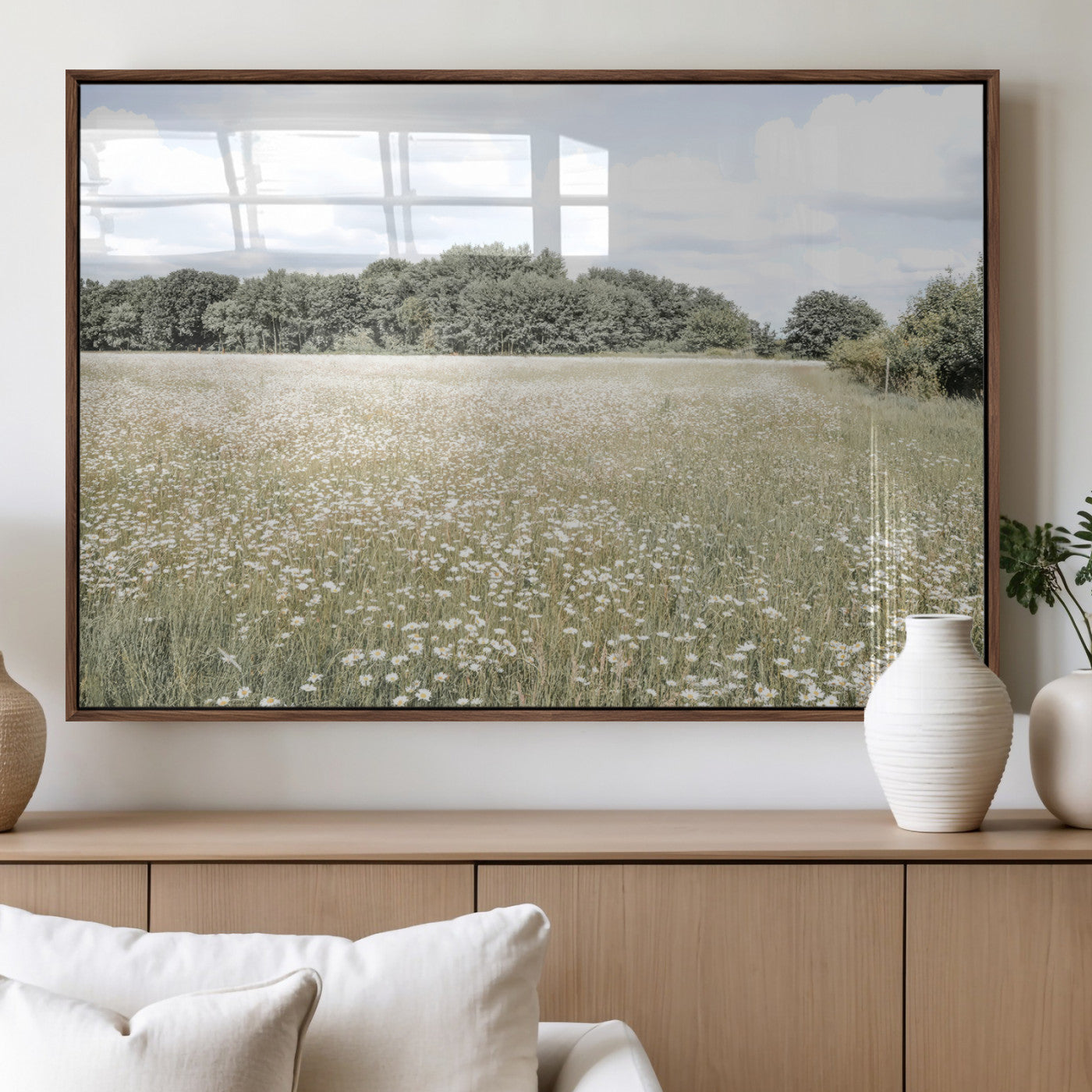 43258946-MGV-FP-36X24-3P_Walnut-Daisy Field Wall Art Canvas Print, Framed Pastel Flower Art Picture Print, Meadow Bloom Perfect Scandinavian Minimalist Decor