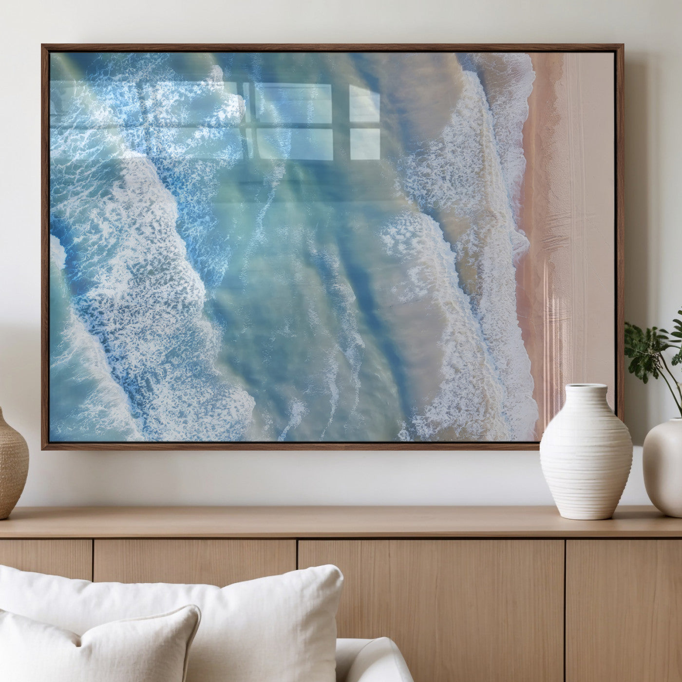 17641845-MGV-FP-60X30-3P_Walnut-Aerial Ocean Wall Art Canvas Print, Framed Blue Waves Art Picture Print, Sandy Shoreline Perfect Modern Coastal Decor Artwork