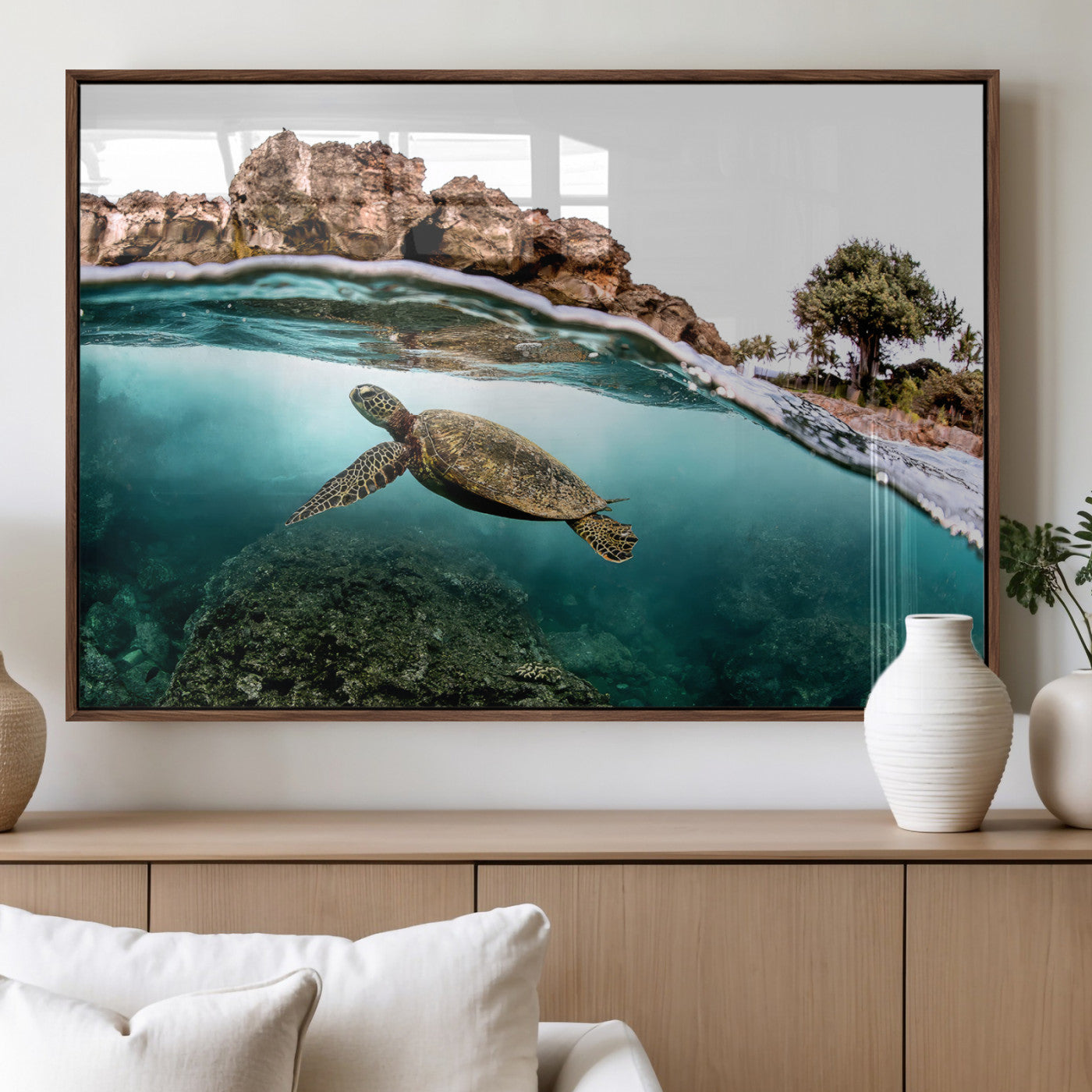 44200301-MGV-FP-60X30-3P_Walnut-Sea Turtle Swim Wall Art Canvas Print, Framed Ocean Life Art Picture Print, Tropical Shoreline Perfect Tropical Coastal Decor