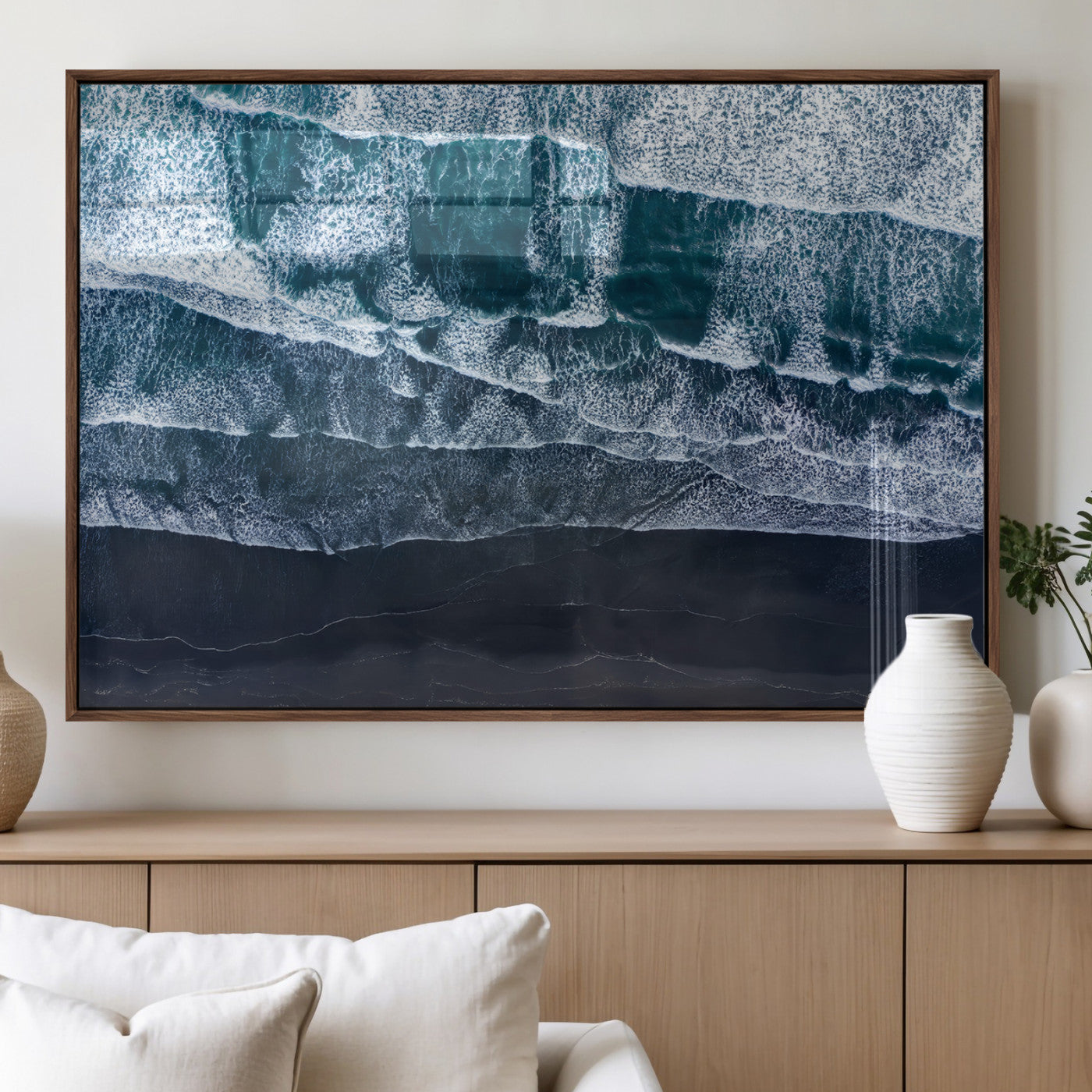 87941475-MGV-FP-60X30-3P_Walnut-Black Beach Wall Art Canvas Print, Framed Aerial Ocean Art Picture Print, Moody Coastal Perfect Modern Coastal Decor Artwork