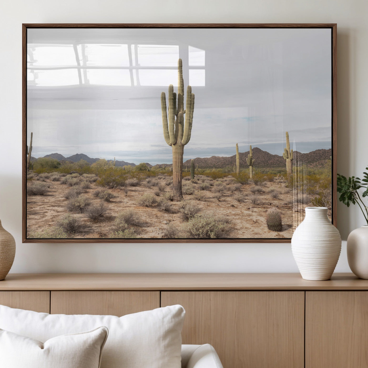 96147924-MGV-FP-36X24-3P_Walnut-Saguaro Cactus Wall Art Canvas Print, Framed Desert Cactus Art Picture Print, Earthy Desert Perfect Southwestern Boho Decor