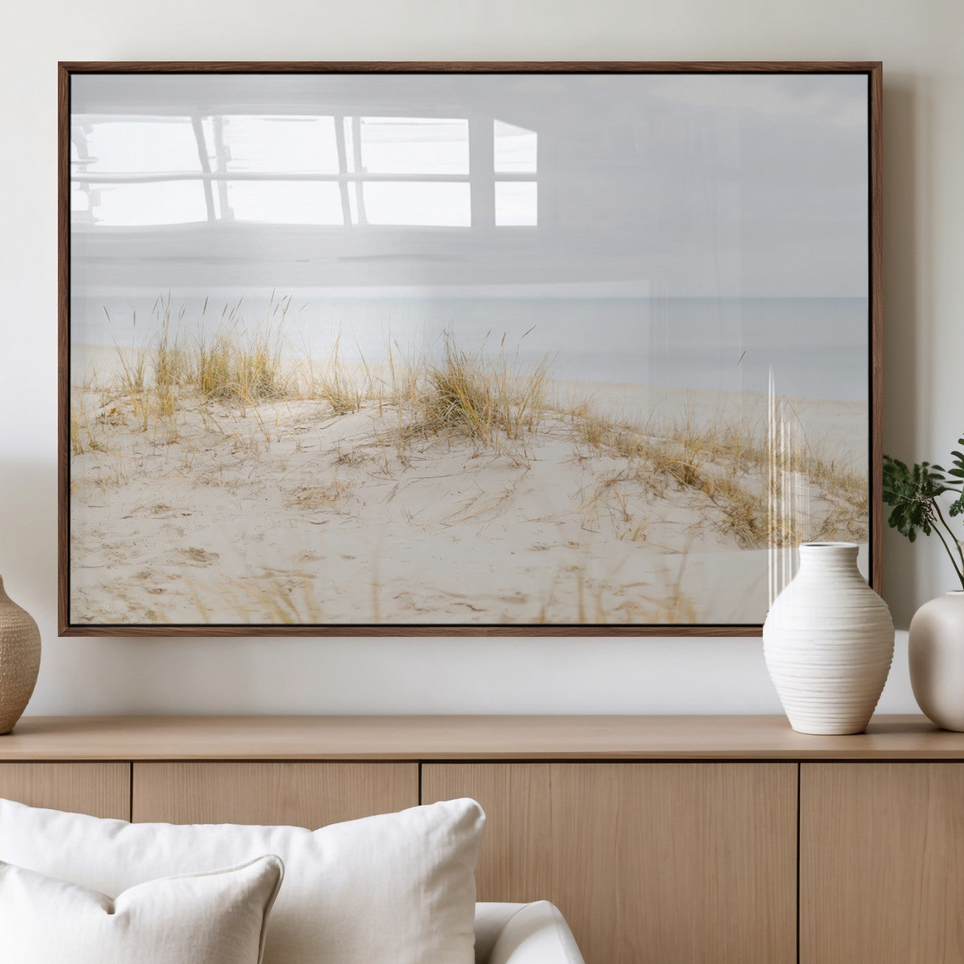 13146857-MGV-FP-36X24-3P_Walnut-Beach Dunes Wall Art Canvas Print, Framed Soft Horizon Art Picture Print, Coastal Grass Perfect Minimalist Coastal Decor Artwork