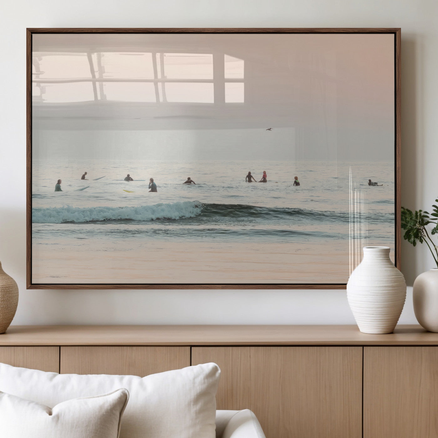 98888919-MGV-FP-36X24-3P_Walnut-Pastel Ocean Wall Art Canvas Print, Framed Soft Sunset Swimming Art Picture Print, Calm Sea Horizon Perfect Soft Coastal