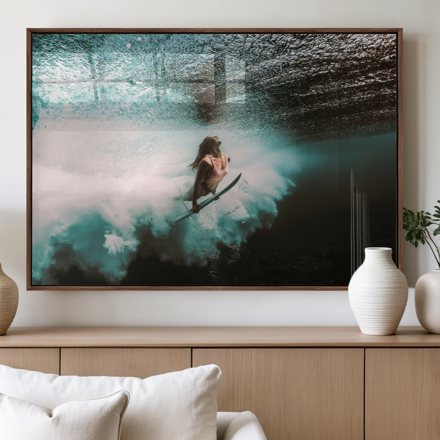 85923512-MGV-FP-60X30-3P_Walnut-Aquatic Motion Wall Art Canvas Print, Framed Underwater Swimming Art Picture Print, Female Surfer Diving Perfect Coastal Boho