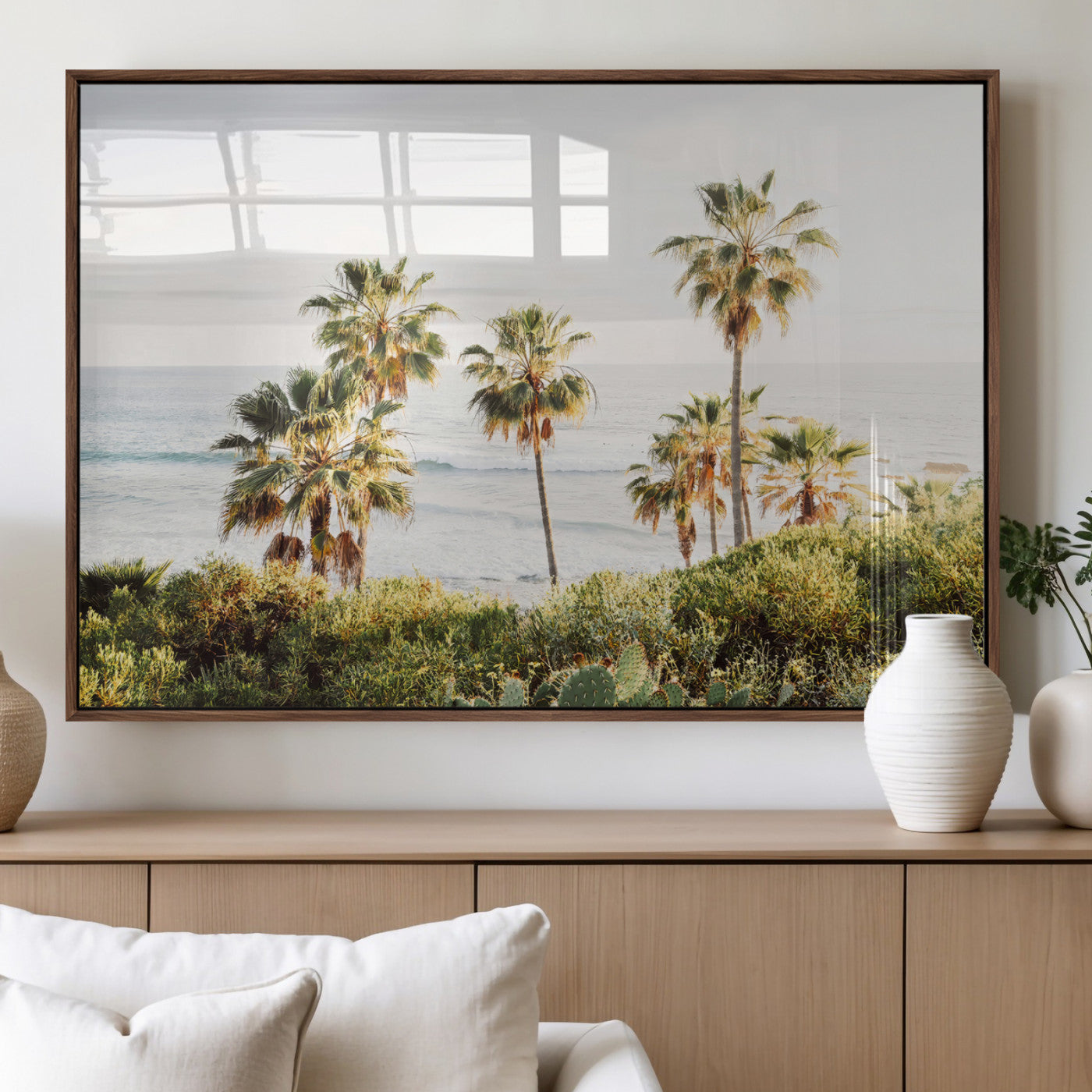94707294-MGV-FP-36X24-3P_Walnut-California Coast Wall Art Canvas Print, Framed Palm Trees Art Picture Print, Coastal Landscape Perfect Coastal Minimalist Decor