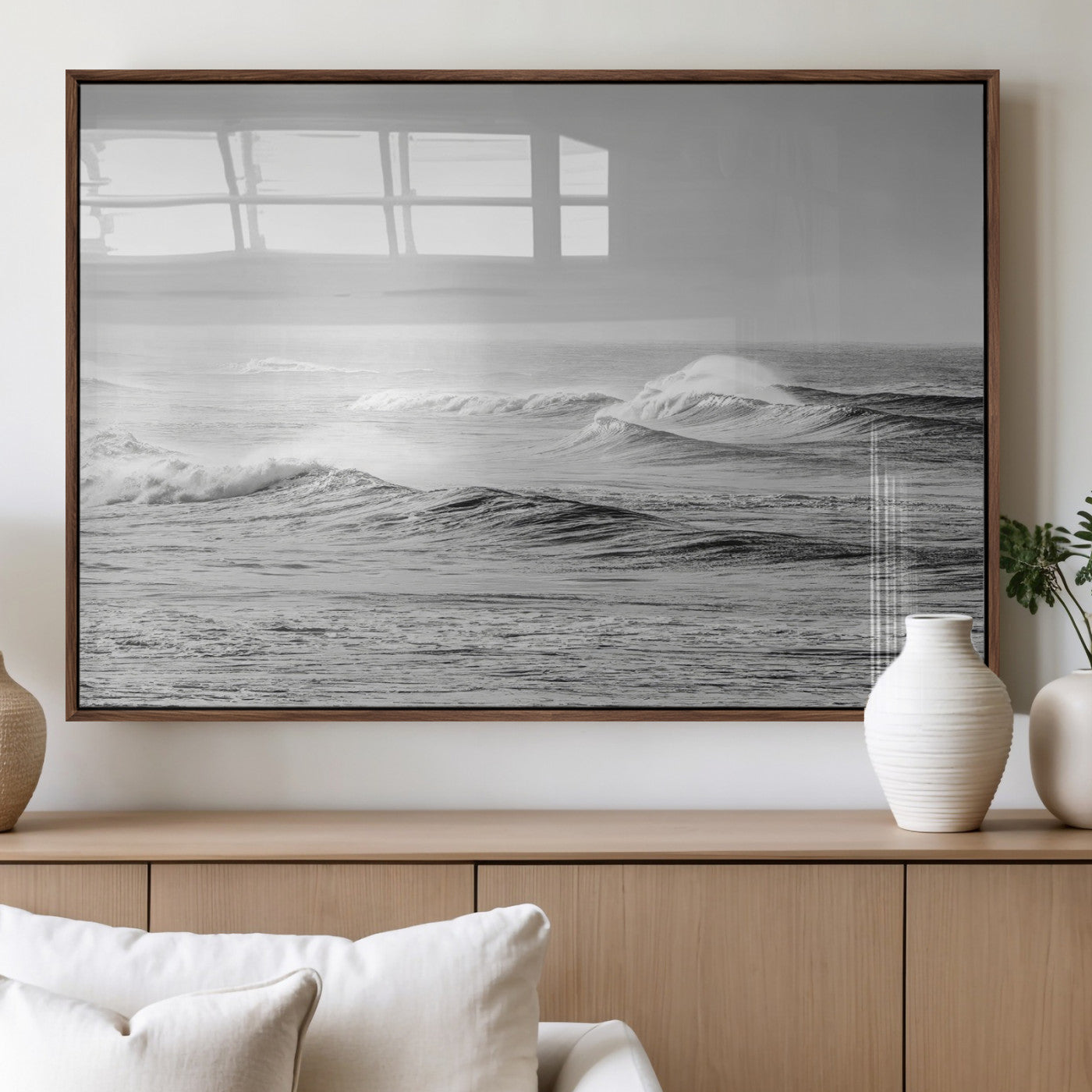 98634812-MGV-FP-36X24-3P_Walnut-Black and White Ocean Waves Wall Art – Minimalist Sea Canvas Print, Coastal Photography Decor for Living Room, Bedroom or Office