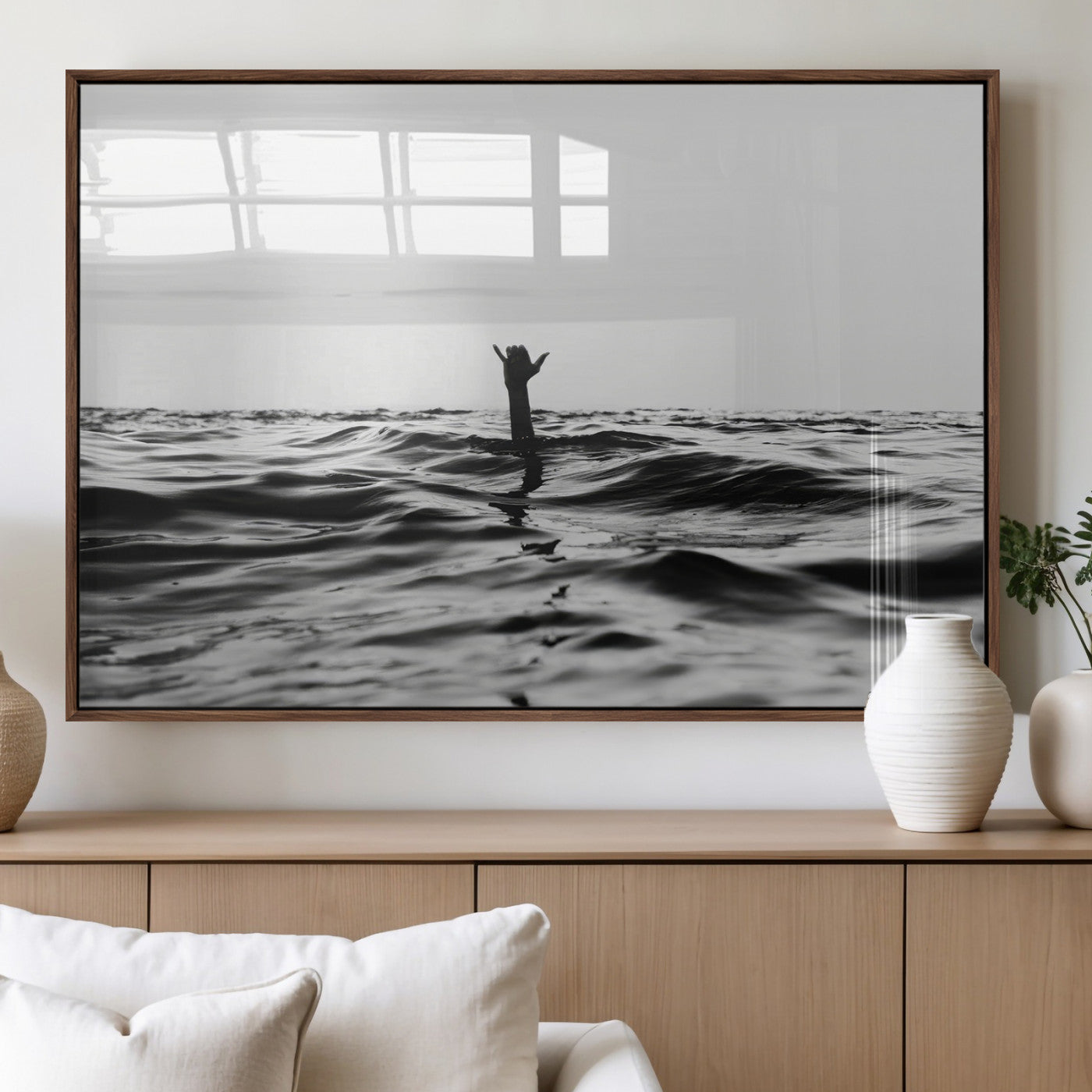 69541918-MGV-FP-60X30-3P_Walnut-Black White Ocean Wall Art Canvas Print, Framed Moody Seascape Art Picture Print, Surfer Sign Perfect Moody Minimalist Decor