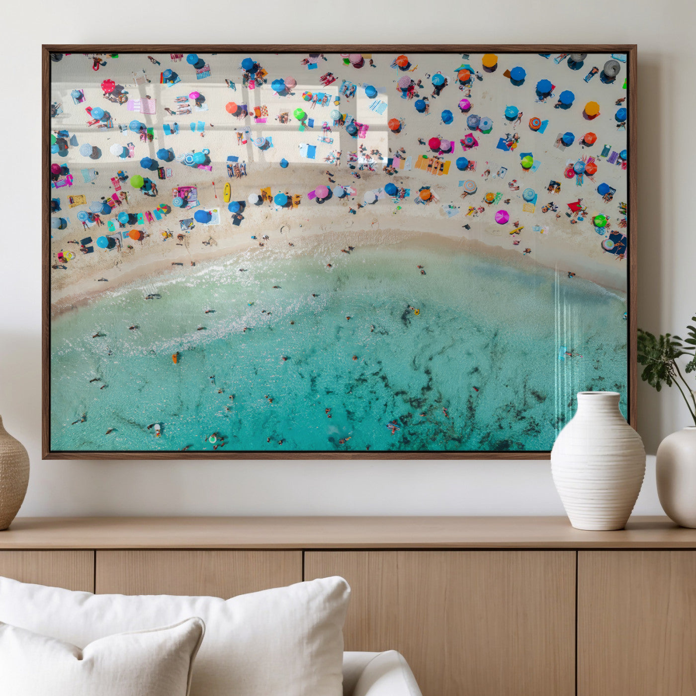 76172085-MGV-FP-36X24-3P_Walnut-Tropical Shoreline Wall Art Canvas Print, Framed Beach Relaxing Art Picture Print, Aerial Summer Perfect Coastal Vibrant Decor