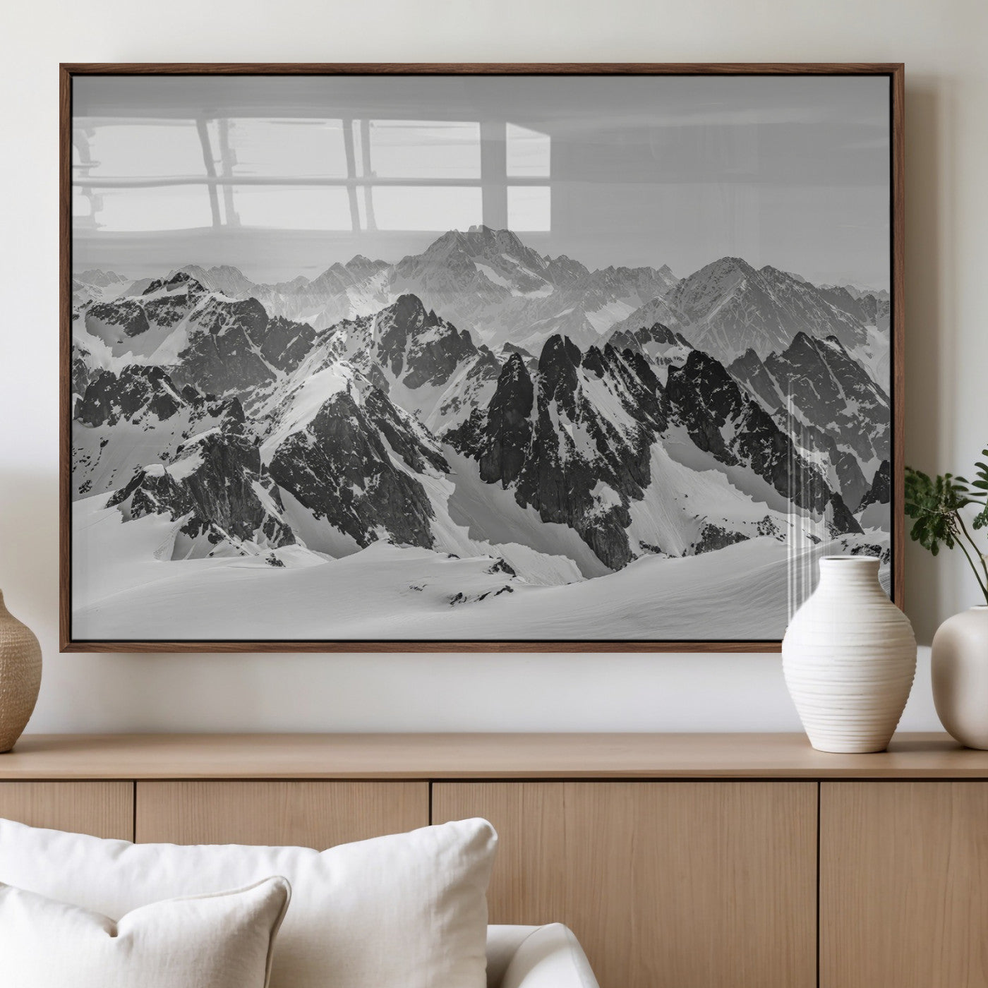 32399691-MGV-FP-36X24-3P_Walnut-Snowy Mountain Wall Art Canvas Print, Framed Mountain Peaks Art Picture Print, Alpine Mountains Perfect Minimalist Alpine Decor