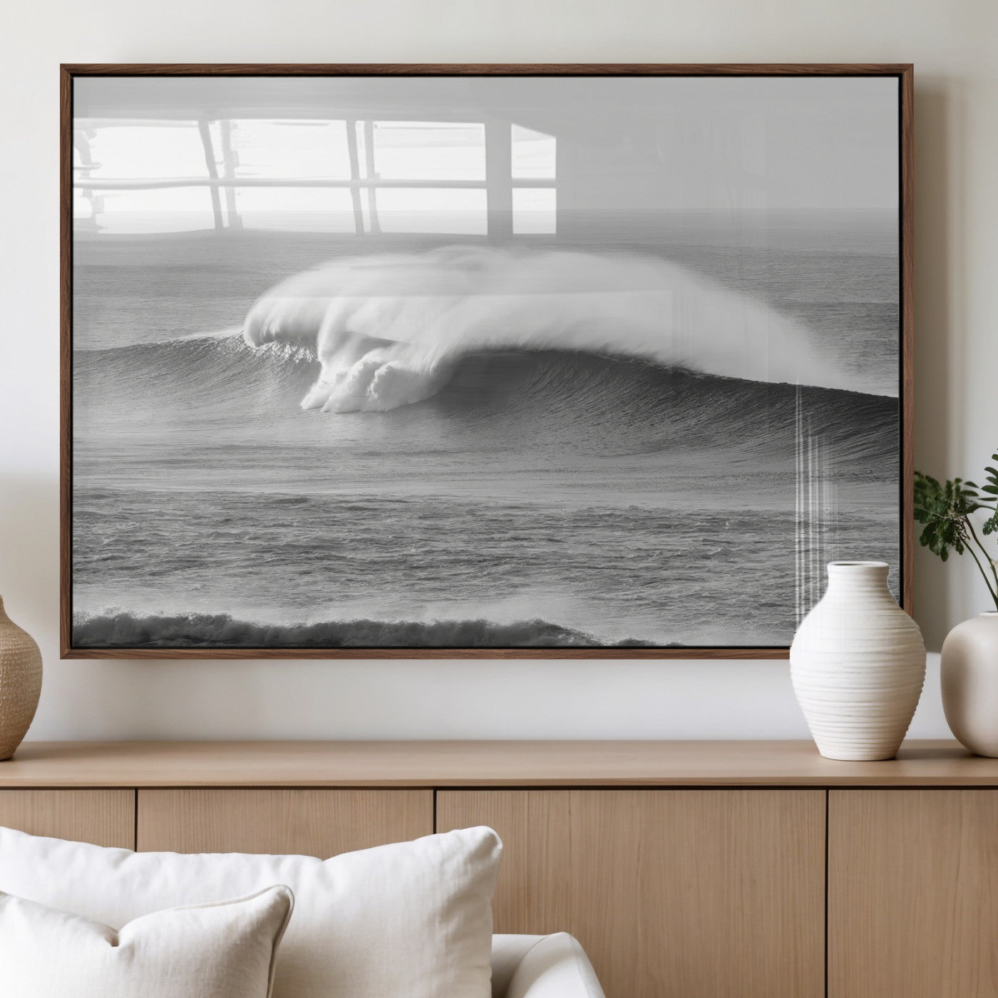 42544082-MGV-FP-60X30-3P_Walnut-Monochrome Seascape Wall Art Canvas Print, Framed Surf Wave Art Picture Print, Minimalist Ocean Perfect Moody Coastal Decor