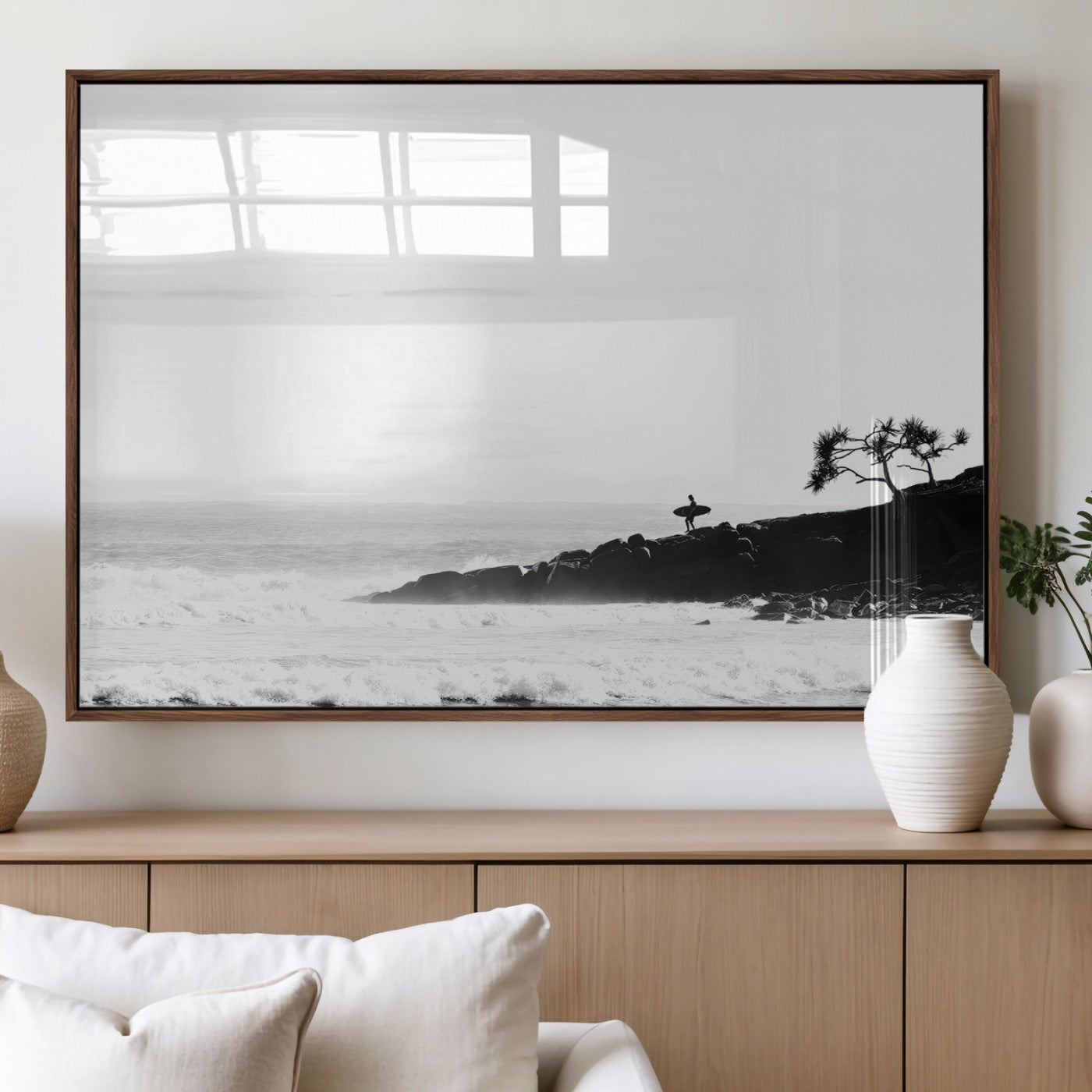 40875891-MGV-FP-60X30-3P_Walnut-SurferCliffs Wall Art Canvas Print, Framed Black White Beach Art Picture Print, Ocean Waves Perfect Minimalist Coastal Decor