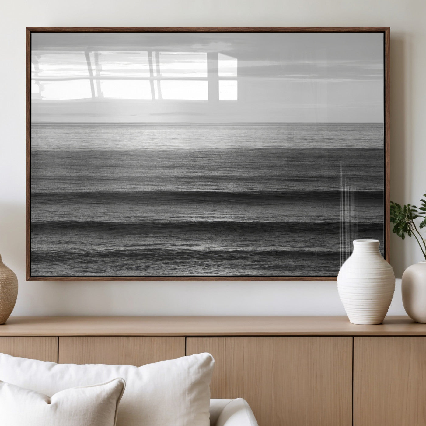 47305203-MGV-FP-60X30-3P_Walnut-Monochrome Ocean Wall Art Canvas Print, Framed Moody Ocean Art Picture Print, Calm Ocean Perfect Minimalist Coastal Decor Artwork