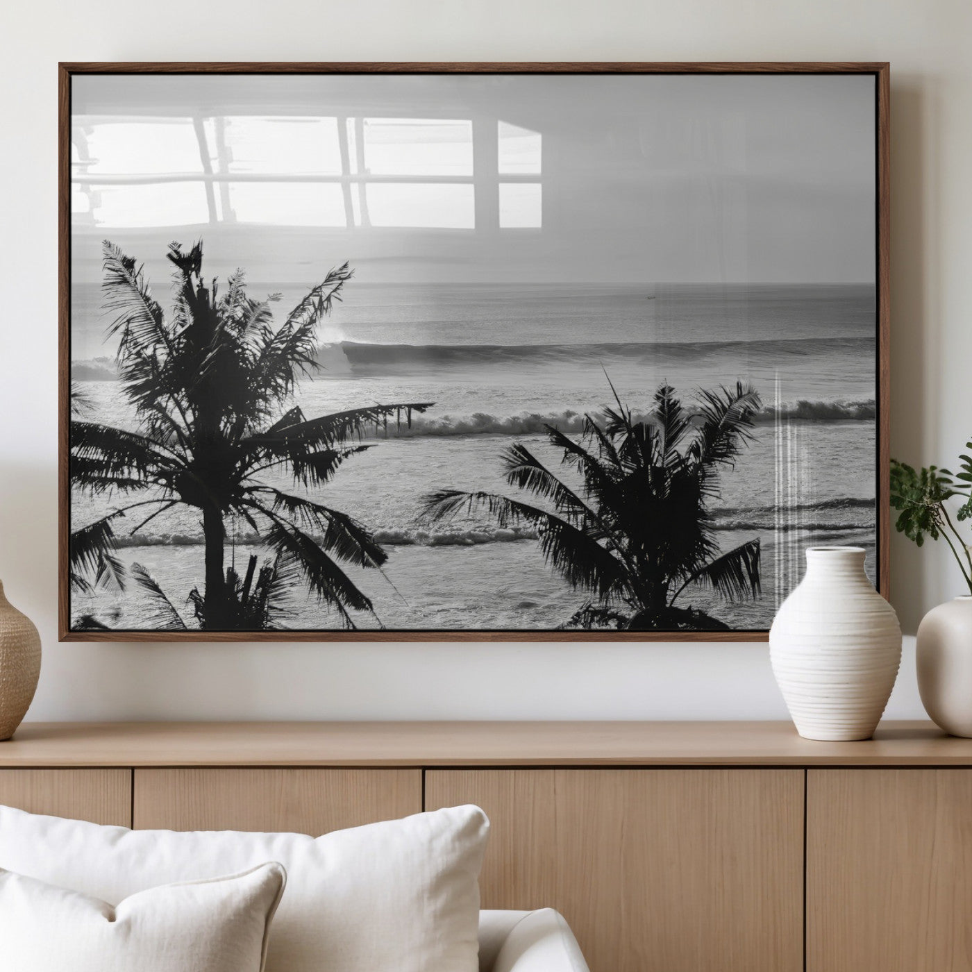17508038-MGV-FP-36X24-3P_Walnut-Tropical Coastline Wall Art Canvas Print, Framed Palm Trees Art Picture Print, Ocean Waves Perfect Minimalist Coastal Decor