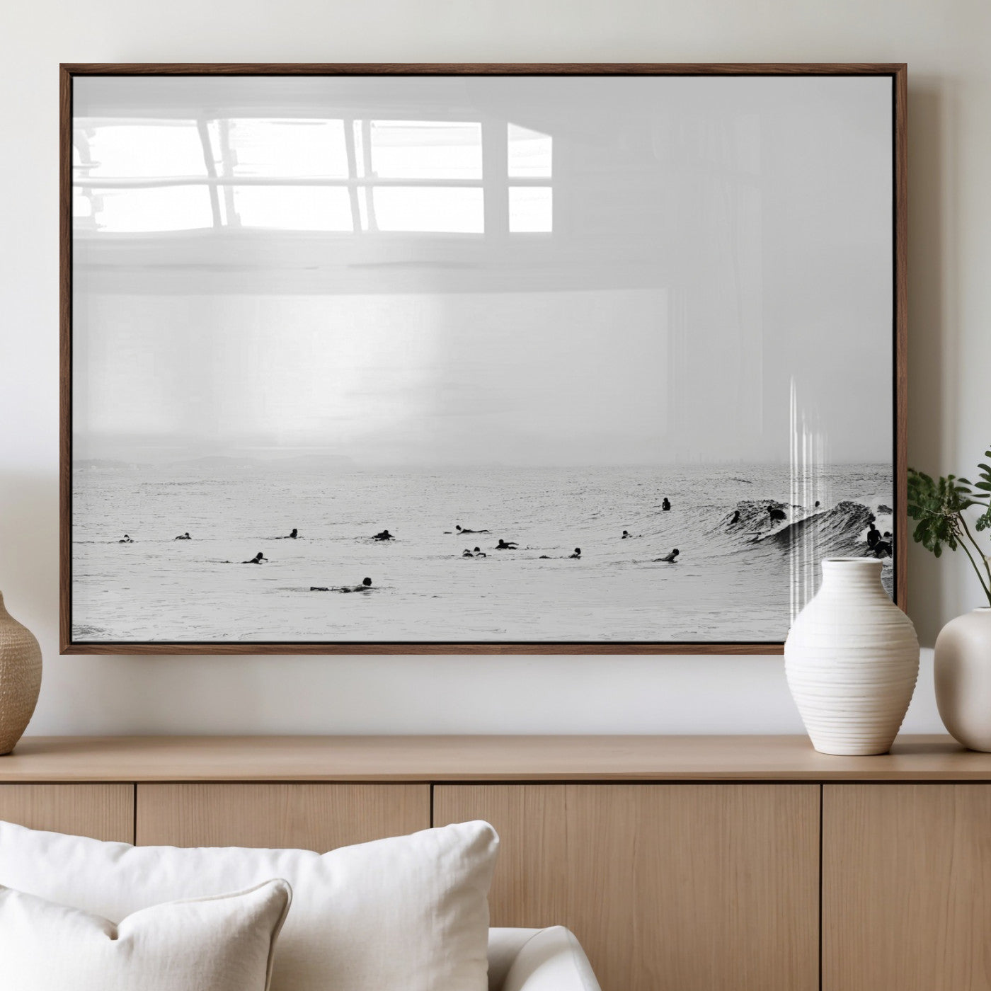 38441169-MGV-FP-60X30-3P_Walnut-Monochrome Swimming Wall Art Canvas Print, Framed Ocean Horizon Art Picture Print, Moody Coastal Perfect Minimalist Coastal Decor