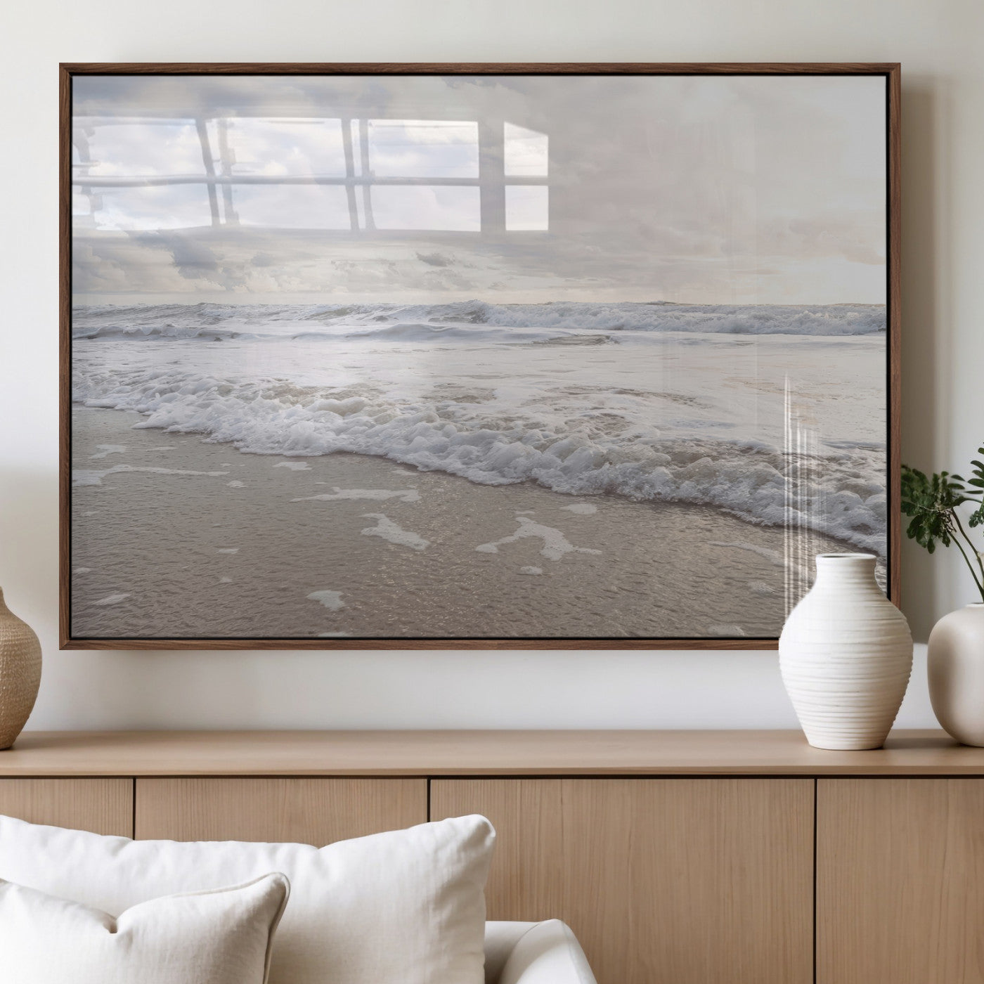 70596264-MGV-FP-36X24-3P_Walnut-Ocean Waves Wall Art Canvas Print, Framed Coastal Shoreline Art Picture Print, Sea Foam Perfect Coastal Minimalist Decor Artwork