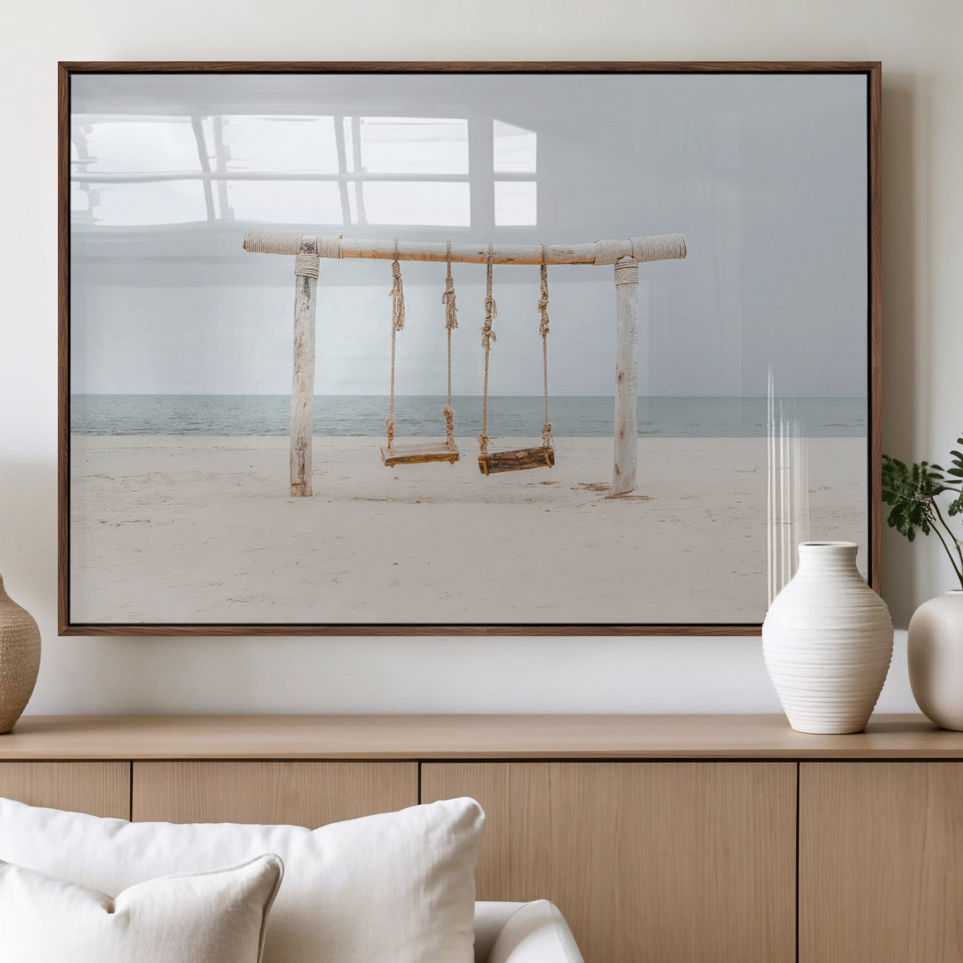 68327283-MGV-FP-36X24-3P_Walnut-Beach Swing Wall Art Canvas Print, Framed Quiet Beach Art Picture Print, Calm Shoreline Perfect Bohemian Coastal Decor Artwork