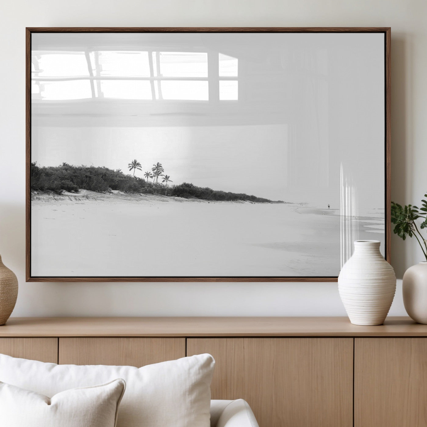 29611516-MGV-FP-60X30-3P_Walnut-Black White Beach Wall Art Canvas Print, Framed Palm Trees Art Picture Print, Monochrome Tropical Perfect Minimalist Coastal Decor