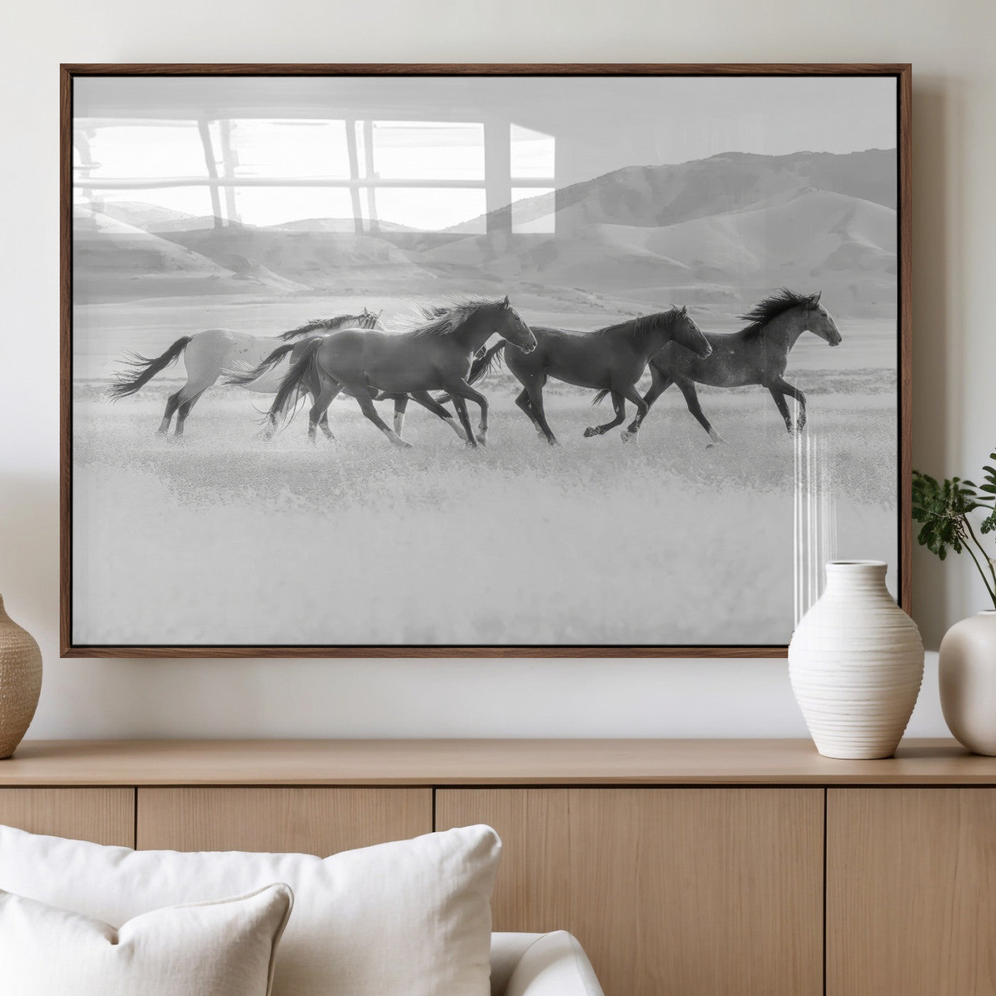 69934913-MGV-FP-60X30-3P_Walnut-Wild Horses Running Wall Art Canvas Print, Framed Black White Mustangs Art Picture Print, Rustic Western Perfect Rustic Western