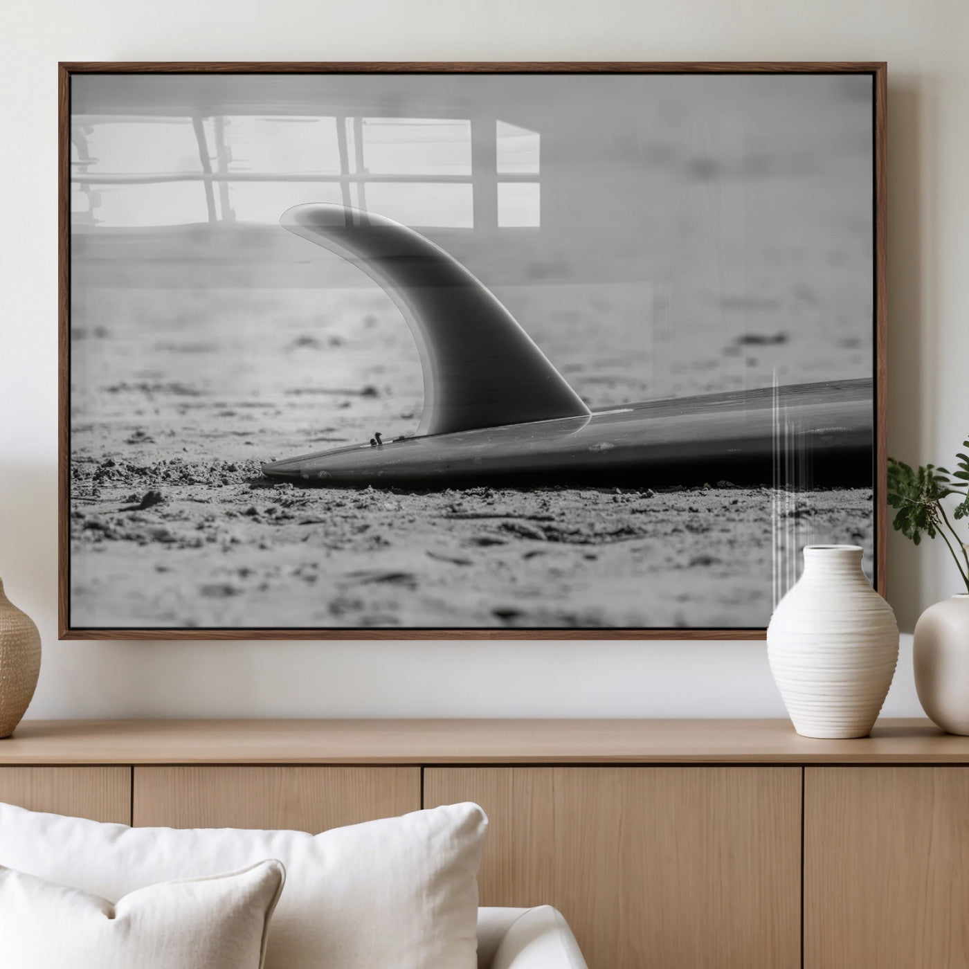 62314230-MGV-FP-36X24-3P_Walnut-Black White Surfboard Wall Art Canvas Print, Framed Minimalist Beach Art Picture Print, Surf Fin Perfect Minimalist Coastal Decor
