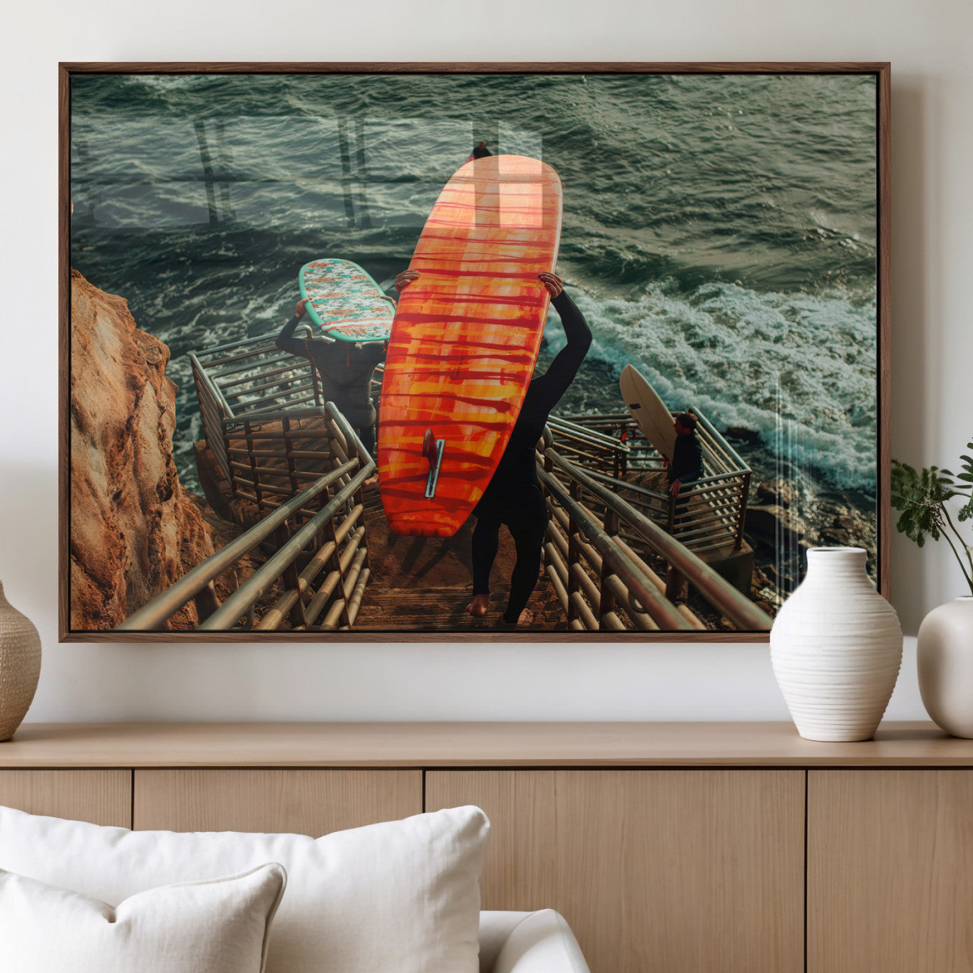 84555848-MGV-FP-60X30-3P_Walnut-Surfer Stairway Wall Art Canvas Print, Framed Ocean Surf Art Picture Print, Sunset Coastal Perfect Coastal Adventure Decor Artwork