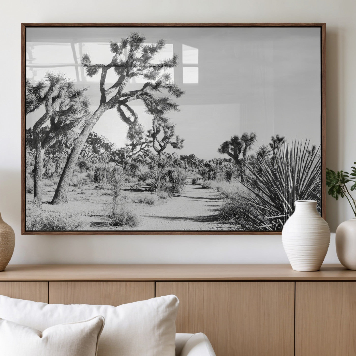 88164251-MGV-FP-60X30-3P_Walnut-Joshua Tree Wall Art Canvas Print, Framed Desert Path Art Picture Print, Monochrome Desert Perfect Minimalist Desert Decor Artwork