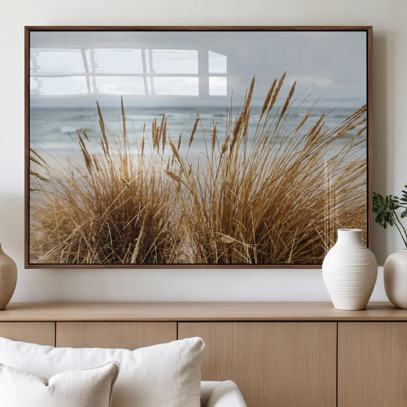 14270839-MGV-FP-60X30-3P_Walnut-Beach Grass Wall Art Canvas Print, Framed Coastal Dunes Art Picture Print, Dune Grass Perfect Coastal Minimalist Decor Artwork