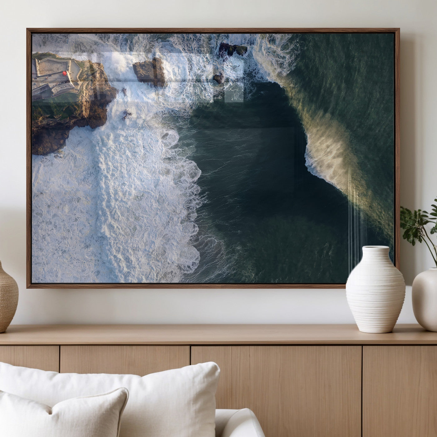 37405684-MGV-FP-60X30-3P_Walnut-Nazare Coast Wall Art Canvas Print, Framed Aerial Ocean Art Picture Print, Coastal Fortress Perfect Dramatic Coastal Decor Artwork