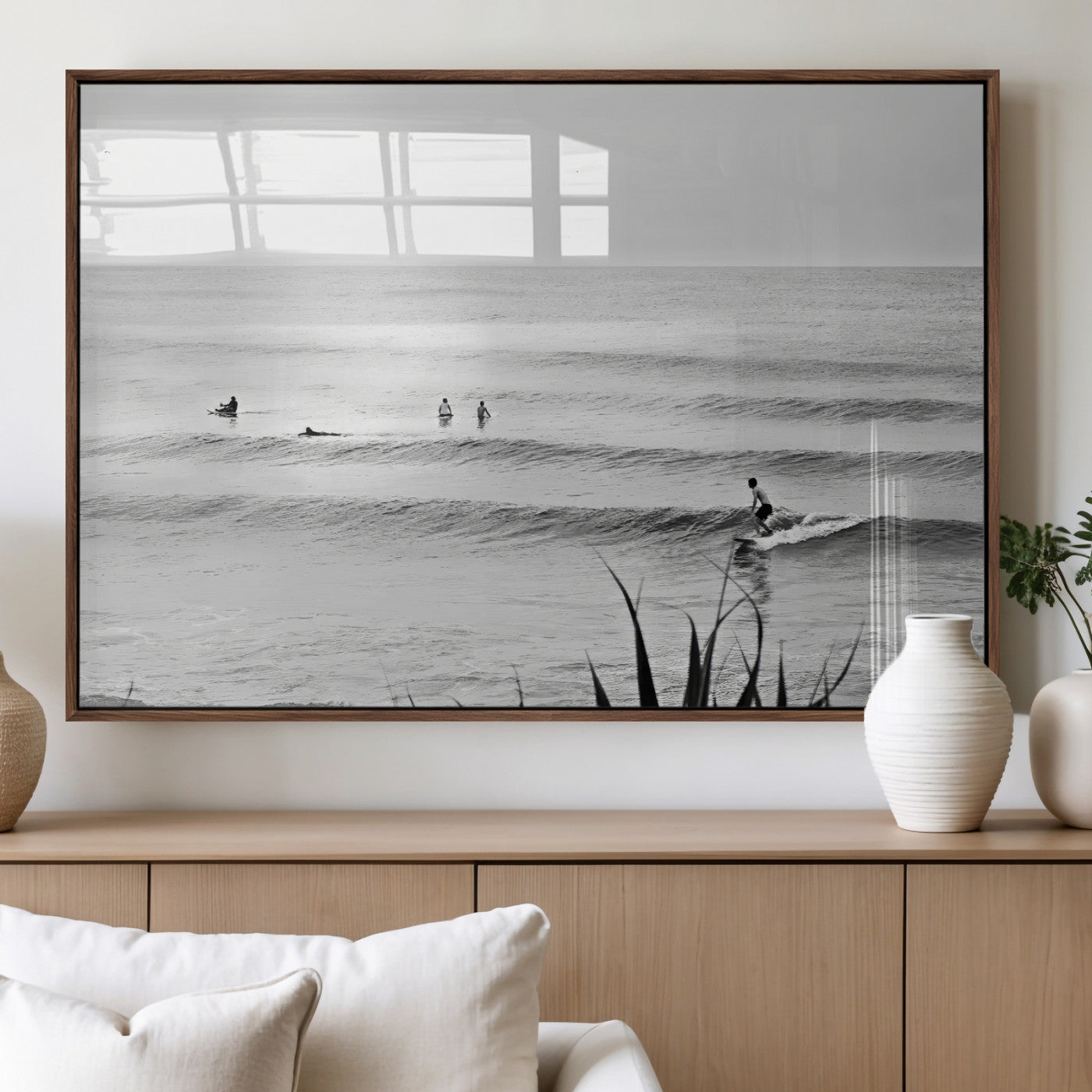 33821421-MGV-FP-60X30-3P_Walnut-Surfer Silhouette Wall Art Canvas Print, Framed Calm Ocean Art Picture Print, Monochrome Surf Perfect Minimalist Coastal Decor