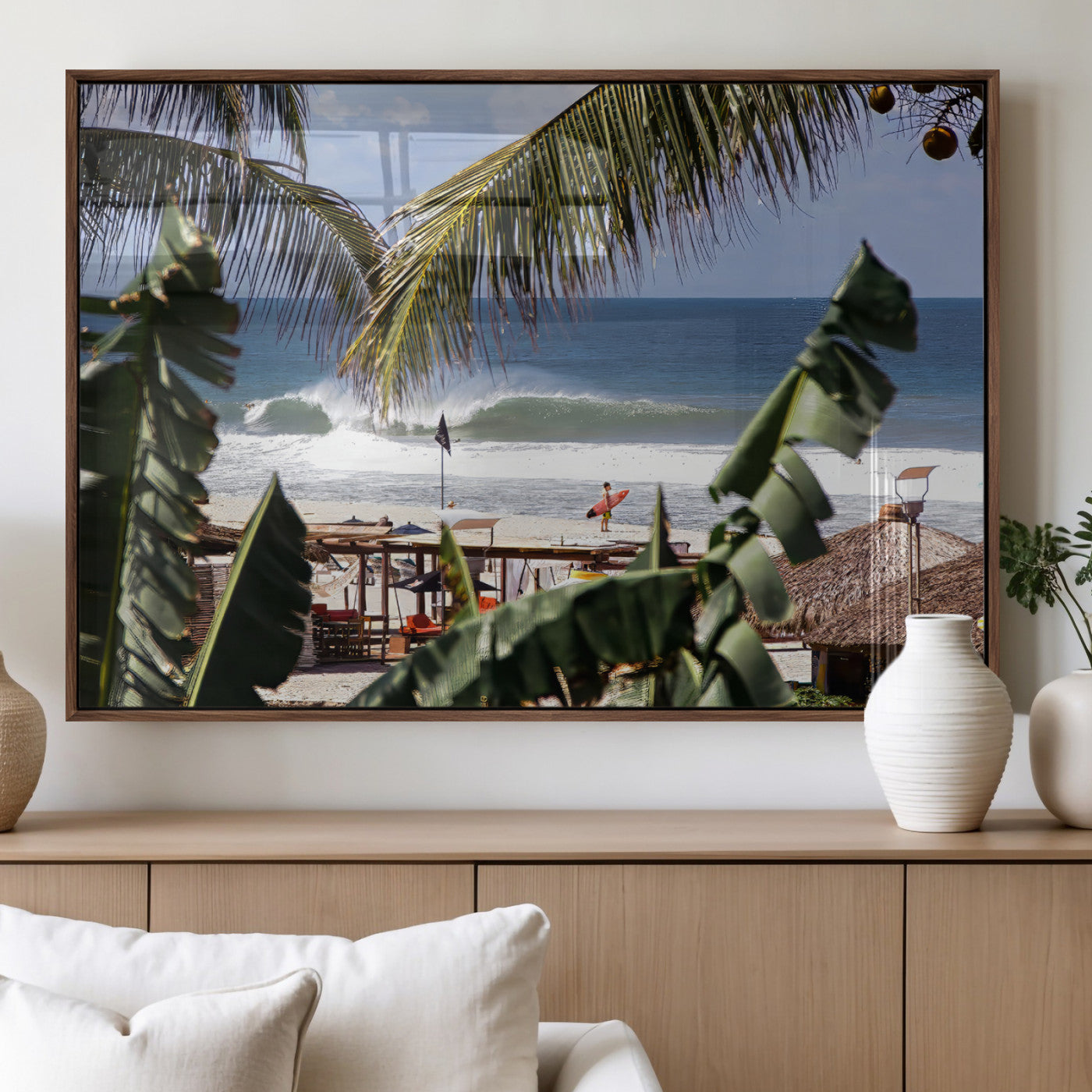 34722557-MGV-FP-60X30-3P_Walnut-Tropical Shoreline Wall Art Canvas Print, Framed Surfer Beach Art Picture Print, Coastal Surf Perfect Tropical Coastal Decor