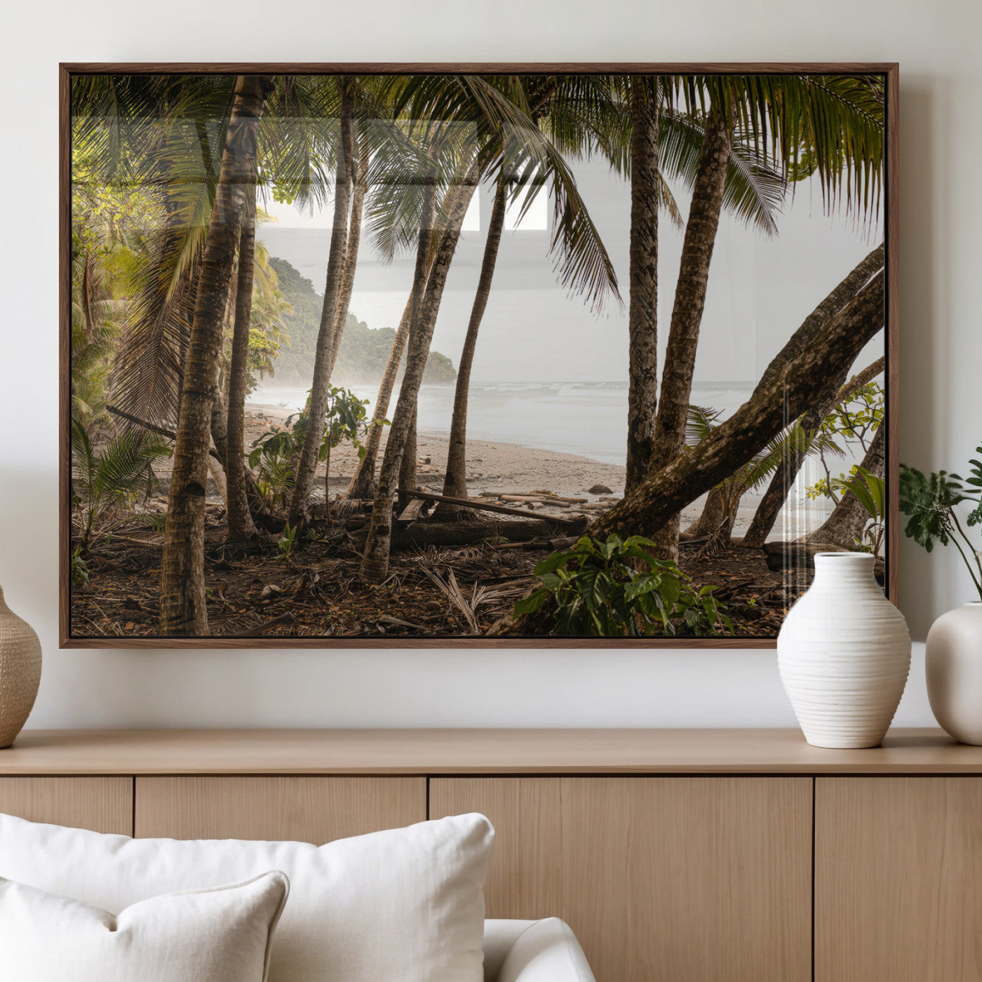 92093951-MGV-FP-60X30-3P_Walnut-Tropical Jungle Wall Art Canvas Print, Framed Palm Tree Forest Art Picture Print, Coastal Escape Perfect Jungle Retreat Decor