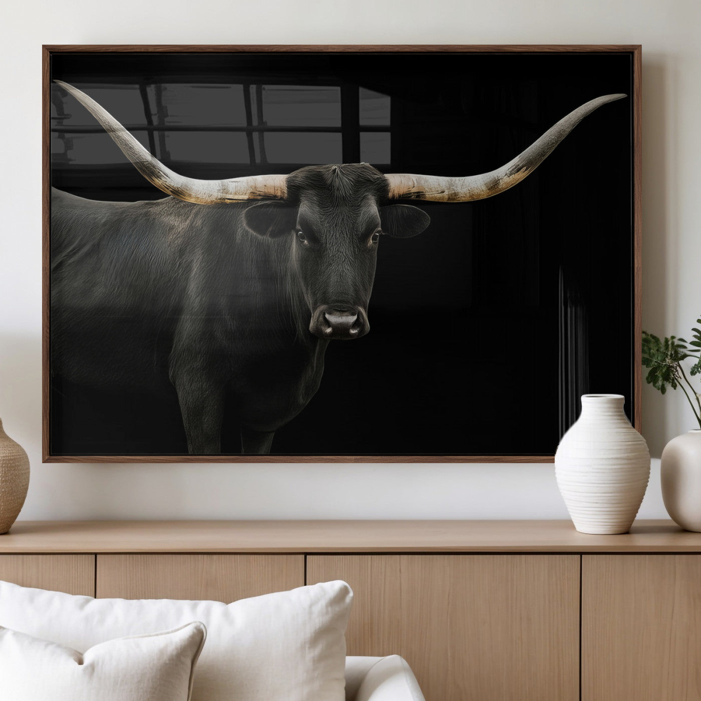 99448328-MGV-FP-36X24-3P_Walnut-Longhorn Cattle Wall Art Canvas Print, Framed Texas Ranch Art Picture Print, Western Cow Perfect Farmhouse Decor Artwork