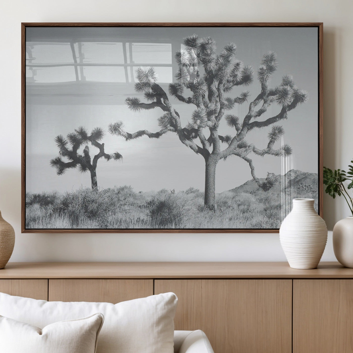 29996209-MGV-FP-36X24-3P_Walnut-Joshua Tree Art Wall Art Canvas Print, Framed Black White Landscape Art Picture Print, Desert Tree Decor Perfect Southwestern Boho