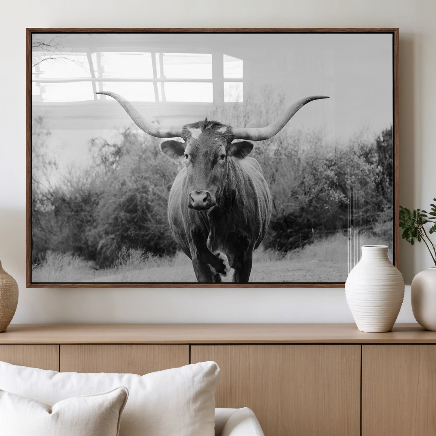 97280319-MGV-FP-60X30-3P_Walnut-Longhorn Photography Wall Art Canvas Print, Framed Western Cow Decor Art Picture Print, Texas Ranch Style Perfect Rustic Farmhouse