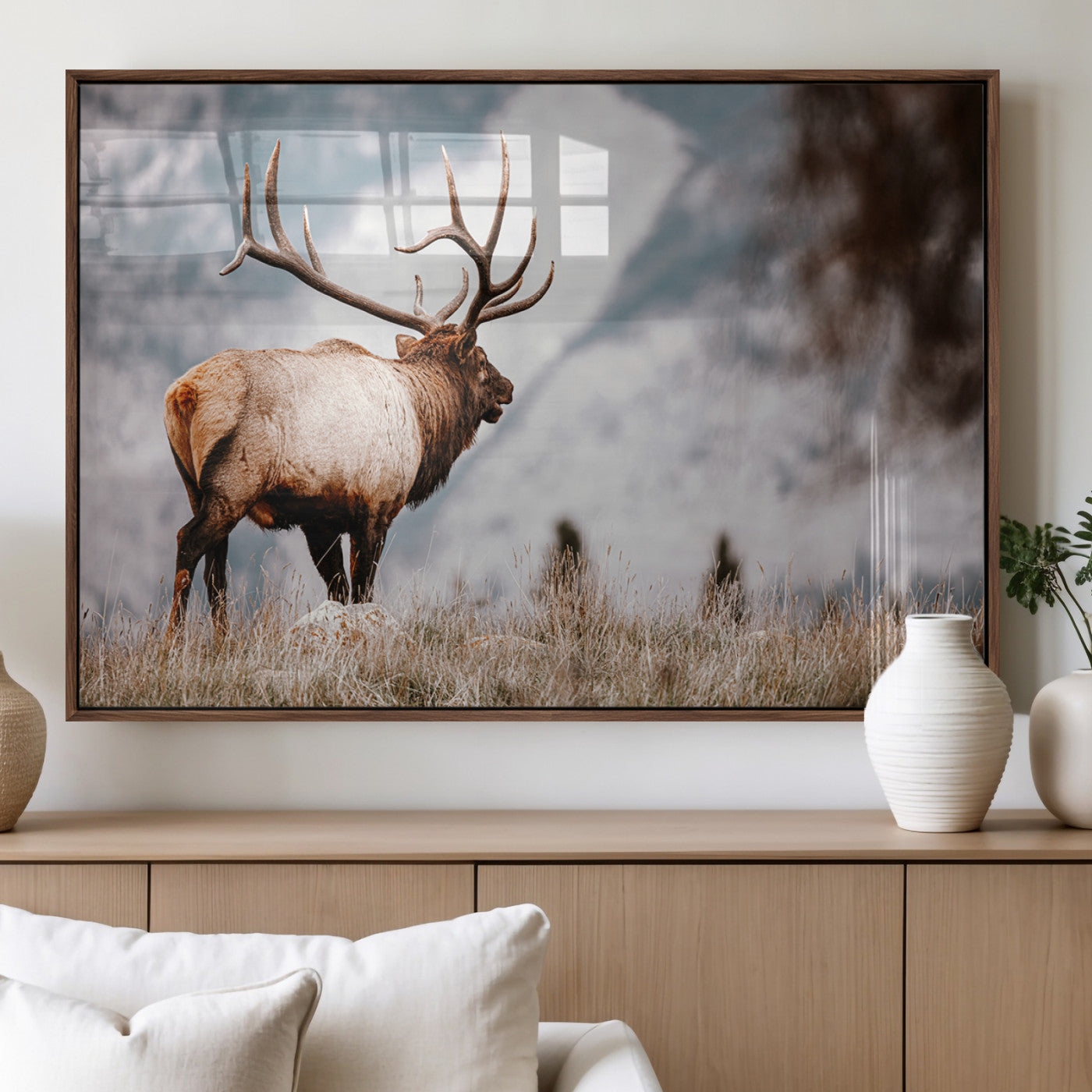 70489411-MGV-FP-60X30-3P_Walnut-Elk Photography Wall Art Canvas Print, Framed Mountain Wildlife Art Picture Print, Rustic Nature Decor Perfect Rustic Lodge Decor