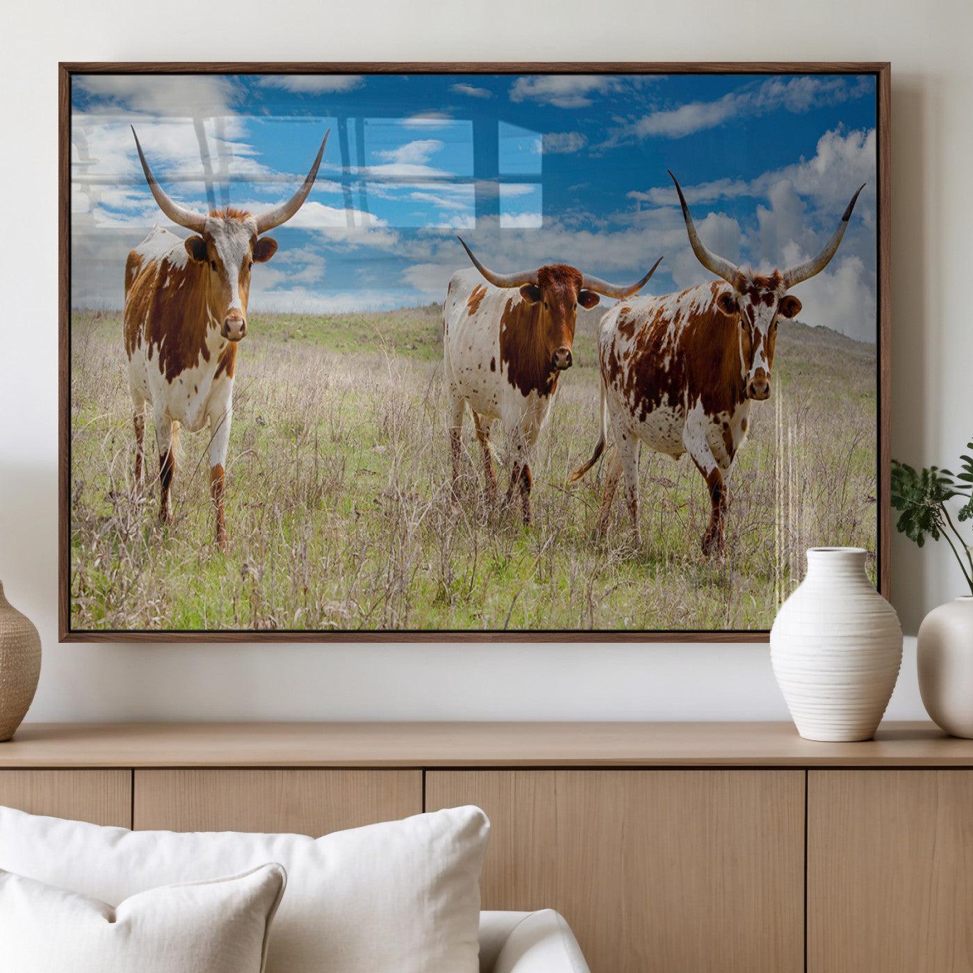 58099948-MGV-FP-60X30-3P_Walnut-Texas Longhorn Wall Art Canvas Print, Framed Western Decor Art Picture Print, Rustic Farmhouse Perfect Western Farmhouse Decor