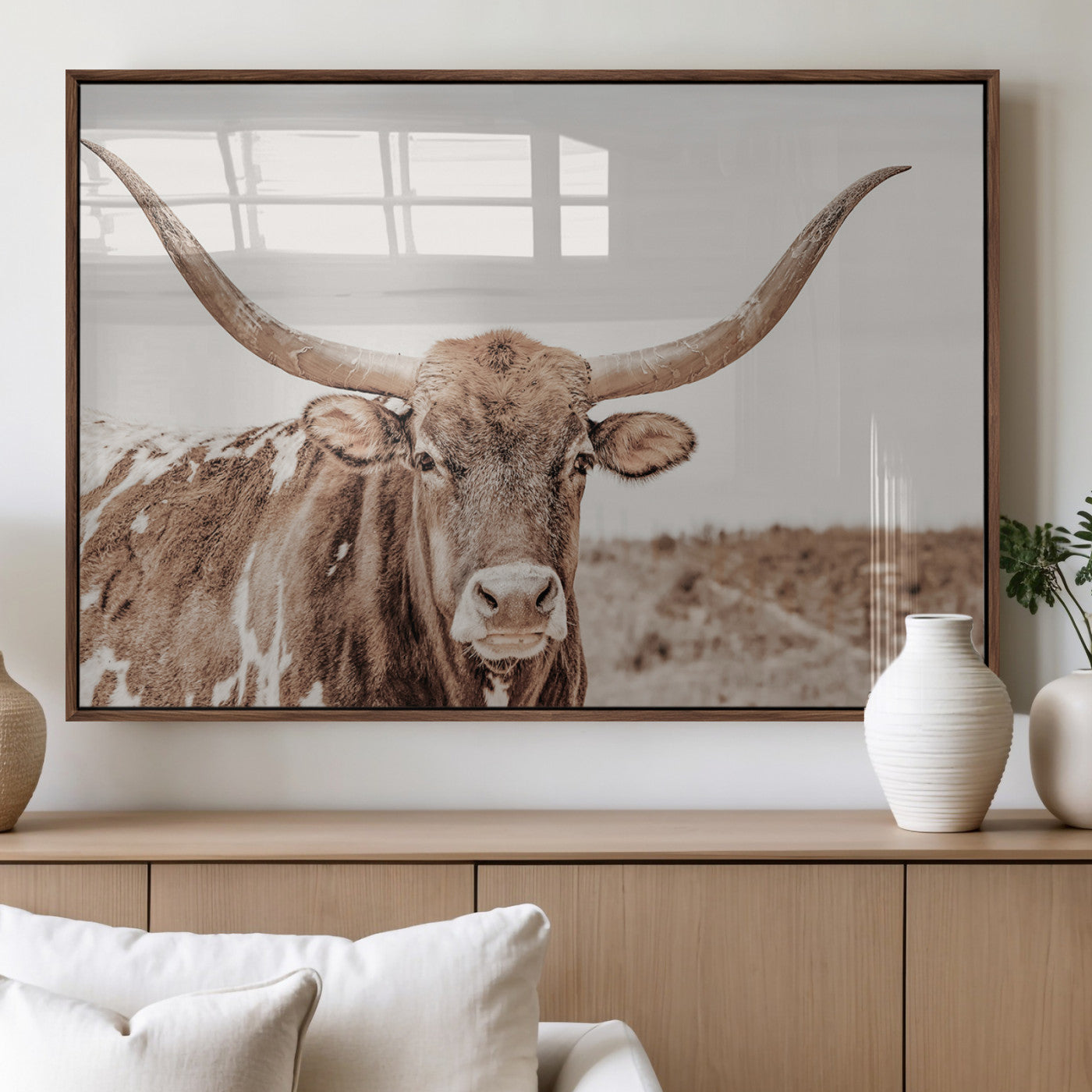 77810049-MGV-FP-36X24-3P_Walnut-Longhorn Bull Photo Wall Art Canvas Print, Framed Rustic Cow Decor Art Picture Print, Neutral Farmhouse Style Perfect Rustic