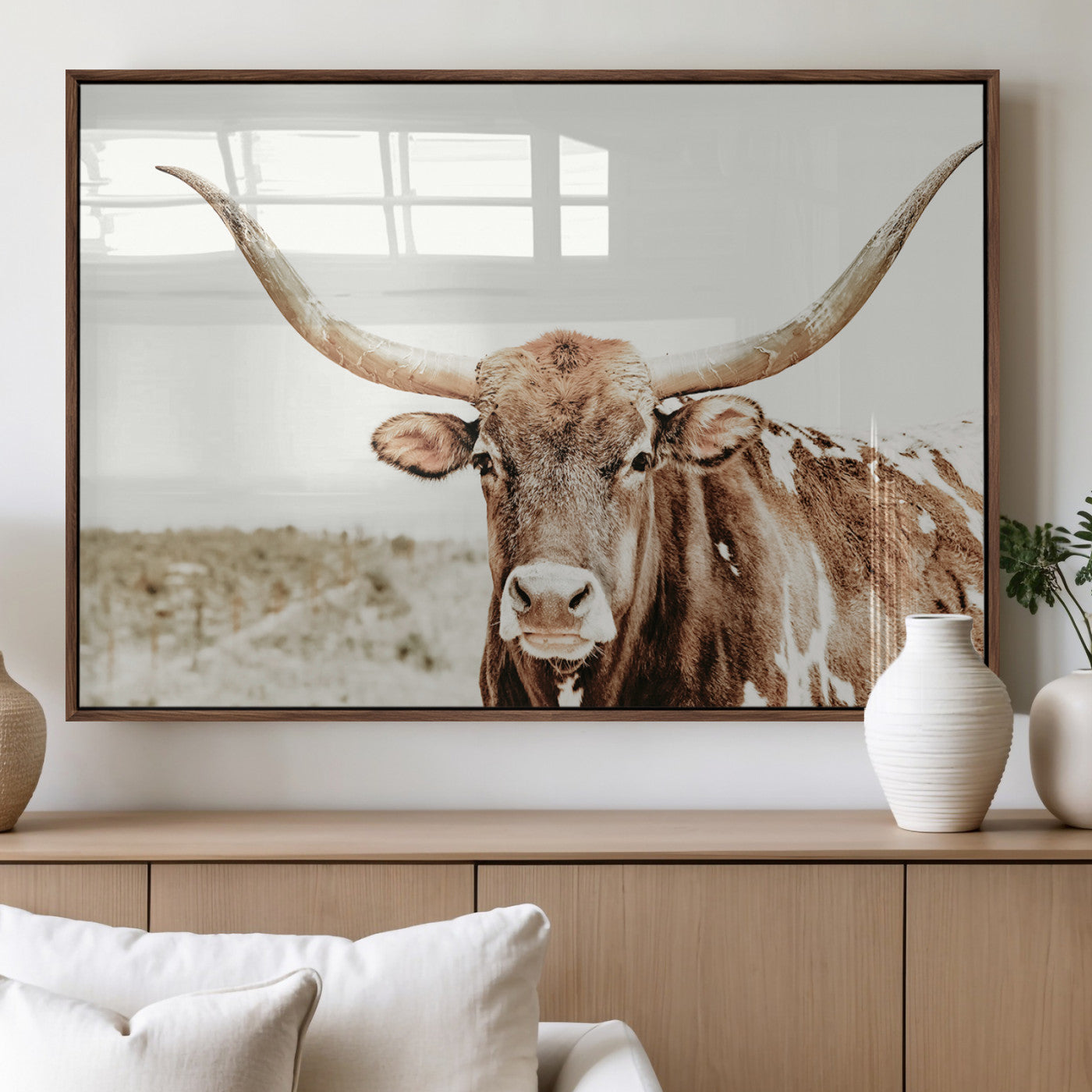 98924580-MGV-FP-60X30-3P_Walnut-Texas Longhorn Bull Wall Art Canvas Print, Framed Rustic Farmhouse Decor Art Picture Print, Western Animal Theme Perfect Rustic