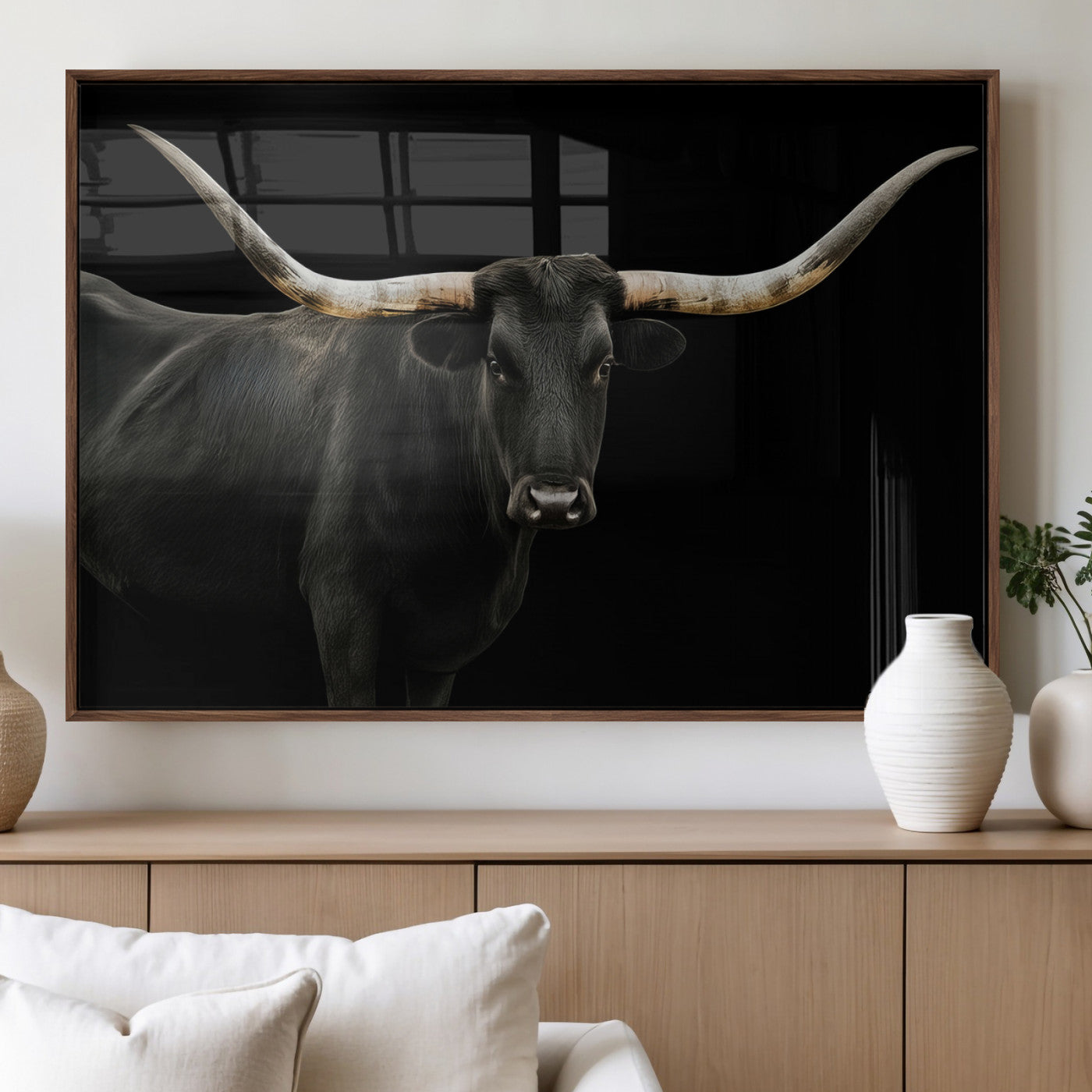 23572907-MGV-FP-60X30-3P_Walnut-Texas Longhorn Wall Art Canvas Print, Framed Rustic Western Decor Art Picture Print, Farmhouse Animal Perfect Modern Western