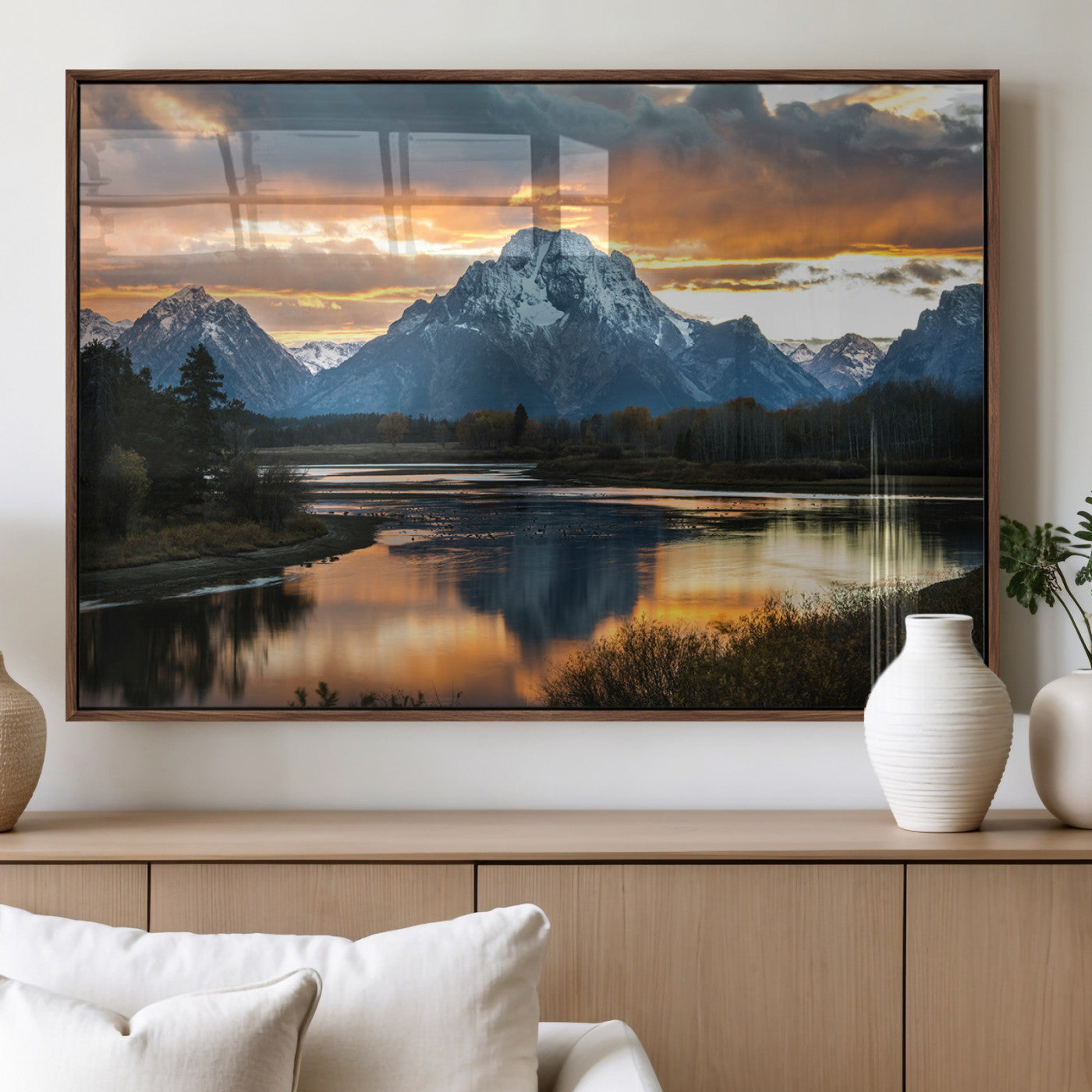 14130176-MGV-FP-36X24-3P_Walnut-Mountain Sunset Wall Art Canvas Print, Framed Alpine Wilderness Art Picture Print, Golden Hour Perfect Rustic Wilderness Decor