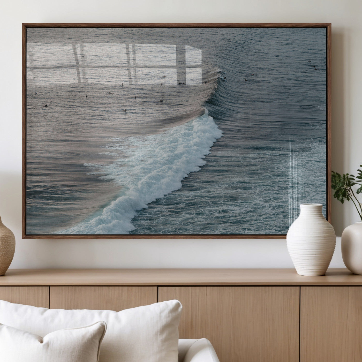 23077324-MGV-FP-36X24-3P_Walnut-Ocean Waves Wall Art Canvas Print, Framed Coastal Serenity Art Picture Print, Surf Aesthetic Perfect Modern Coastal Decor Artwork