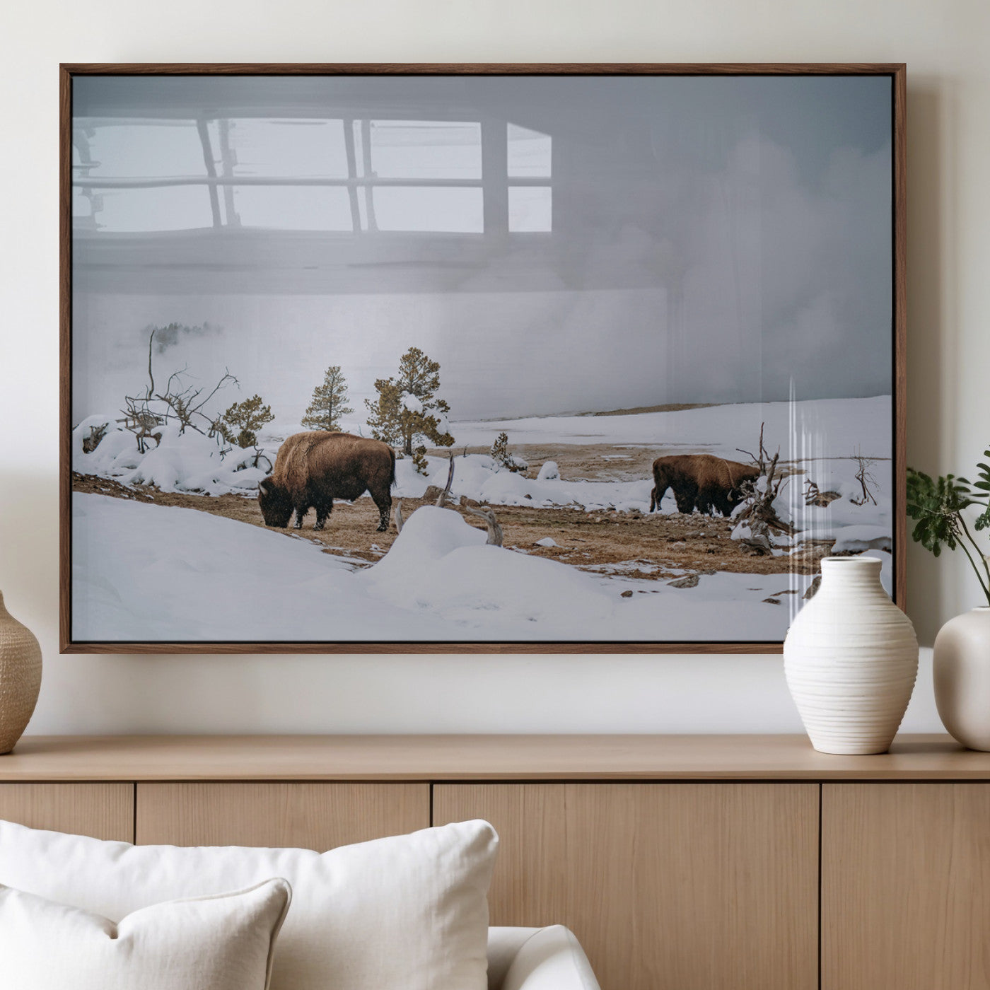 60308289-MGV-FP-36X24-3P_Walnut-Bison Wildlife Wall Art Canvas Print, Framed Snowy Prairie Art Picture Print, Western Landscape Perfect Rustic Winter Decor