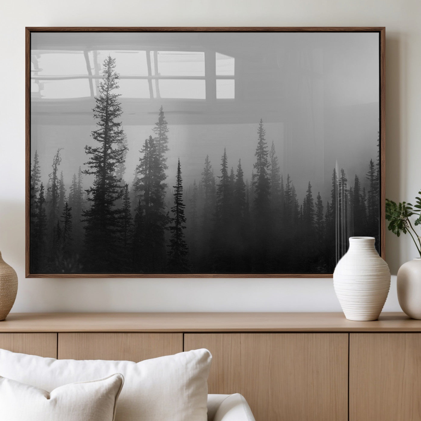 73138900-MGV-FP-36X24-3P_Walnut-Misty Pines Wall Art Canvas Print, Framed Woodland Photography Art Picture Print, Minimalist Decor Perfect Modern Rustic Decor
