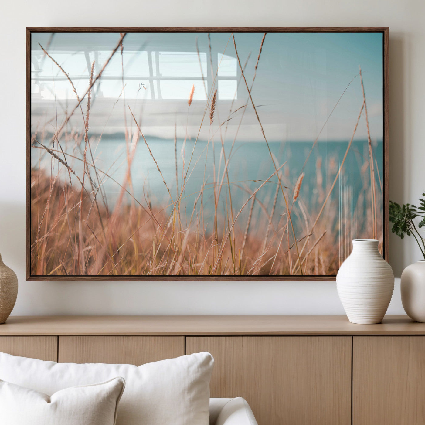 36108696-MGV-FP-36X24-3P_Walnut-Coastal Grass Wall Art – Serene Ocean View Canvas Print, Beach Nature Photography Decor for Living Room, Bedroom, Office or Modern