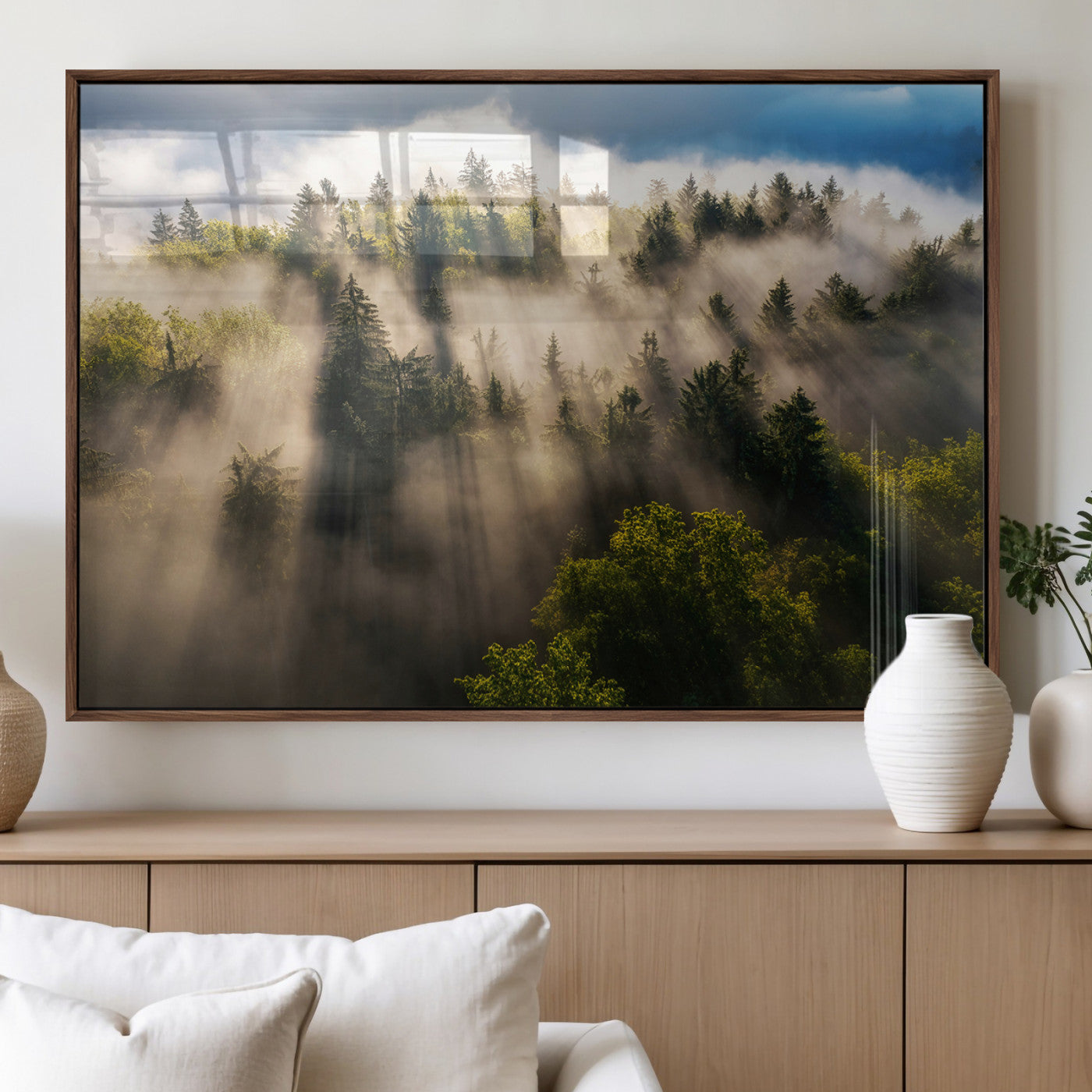 14785710-MGV-FP-36X24-3P_Walnut-Tranquil Forest Scene Wall Art Canvas Print, Framed Sunbeam Through Trees Art Picture Print, Moody Green Wall Art Perfect