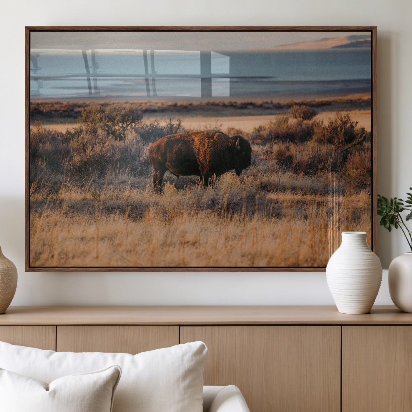 39509187-MGV-FP-36X24-3P_Walnut-Western Wildlife Wall Art Canvas Print, Framed Bison Art Picture Print, Golden Hour Perfect Western Rustic Decor Artwork