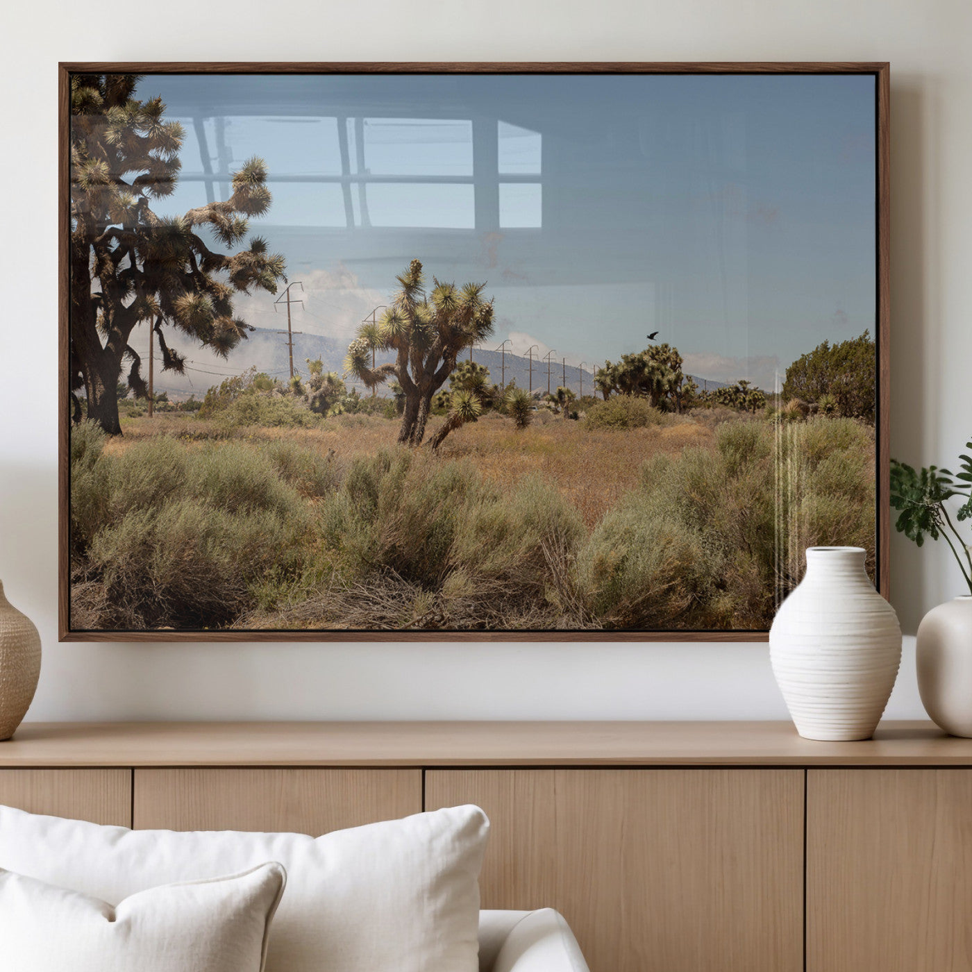 16114018-MGV-FP-36X24-3P_Walnut-Joshua Tree Wall Art Canvas Print, Framed Desert Landscape Art Picture Print, Mountain Horizon Perfect Southwestern Boho Decor