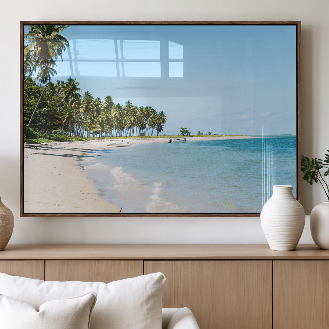 37858872-MGV-FP-36X24-3P_Walnut-Palm Tree Coast Wall Art Canvas Print, Framed Island Getaway Art Picture Print, Crystal Blue Water Perfect Tropical Coastal Decor