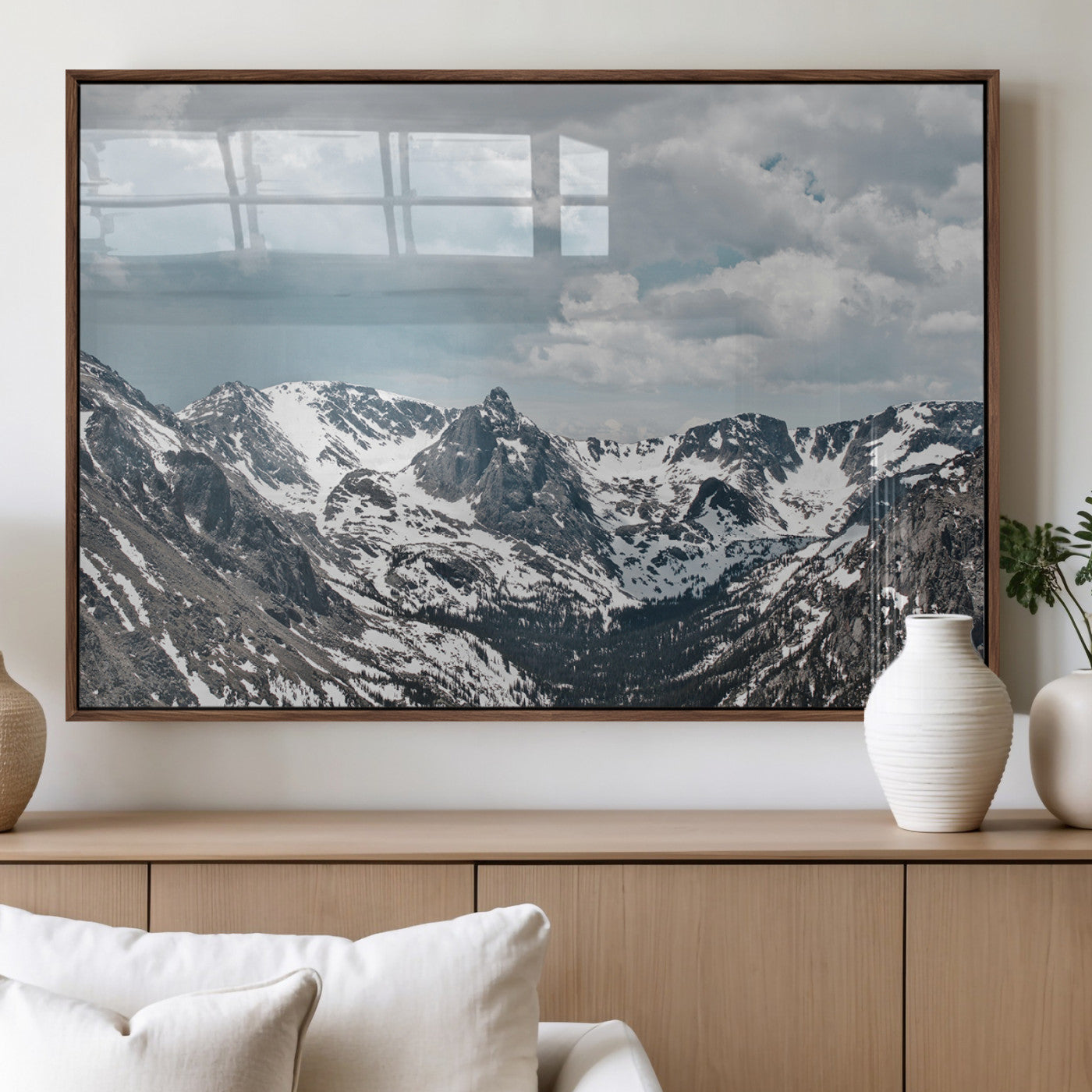 94074619-MGV-FP-36X24-3P_Walnut-Snowy Peaks Wall Art Canvas Print, Framed Alpine Wilderness Art Picture Print, Mountain Escape Perfect Winter Serenity Decor